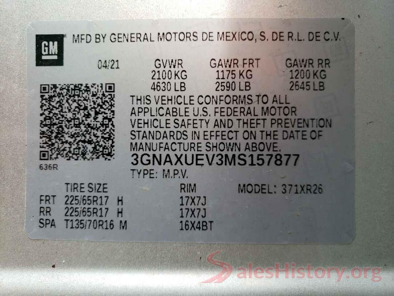 3GNAXUEV3MS157877 2021 CHEVROLET EQUINOX