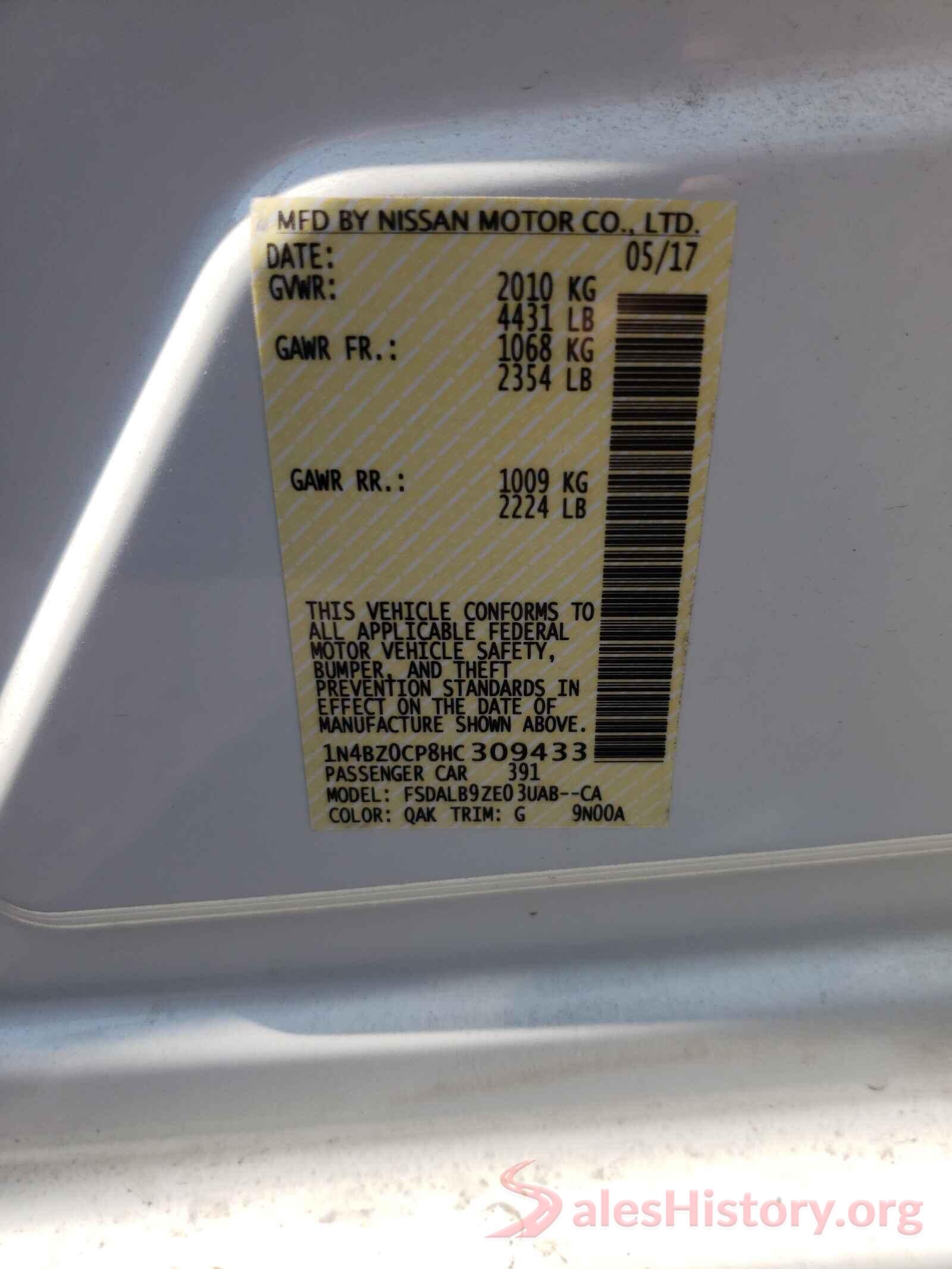 1N4BZ0CP8HC309433 2017 NISSAN LEAF