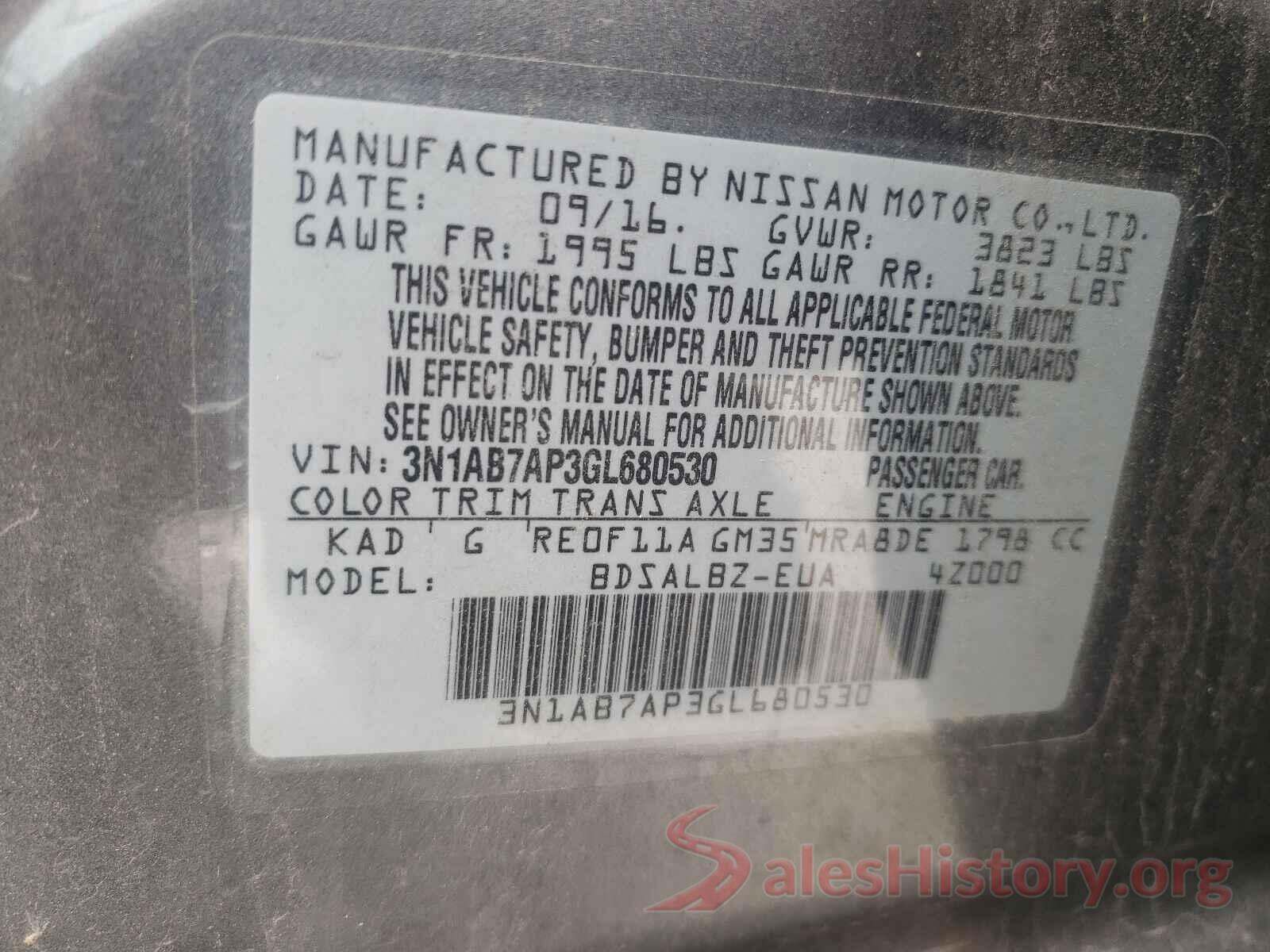 3N1AB7AP3GL680530 2016 NISSAN SENTRA