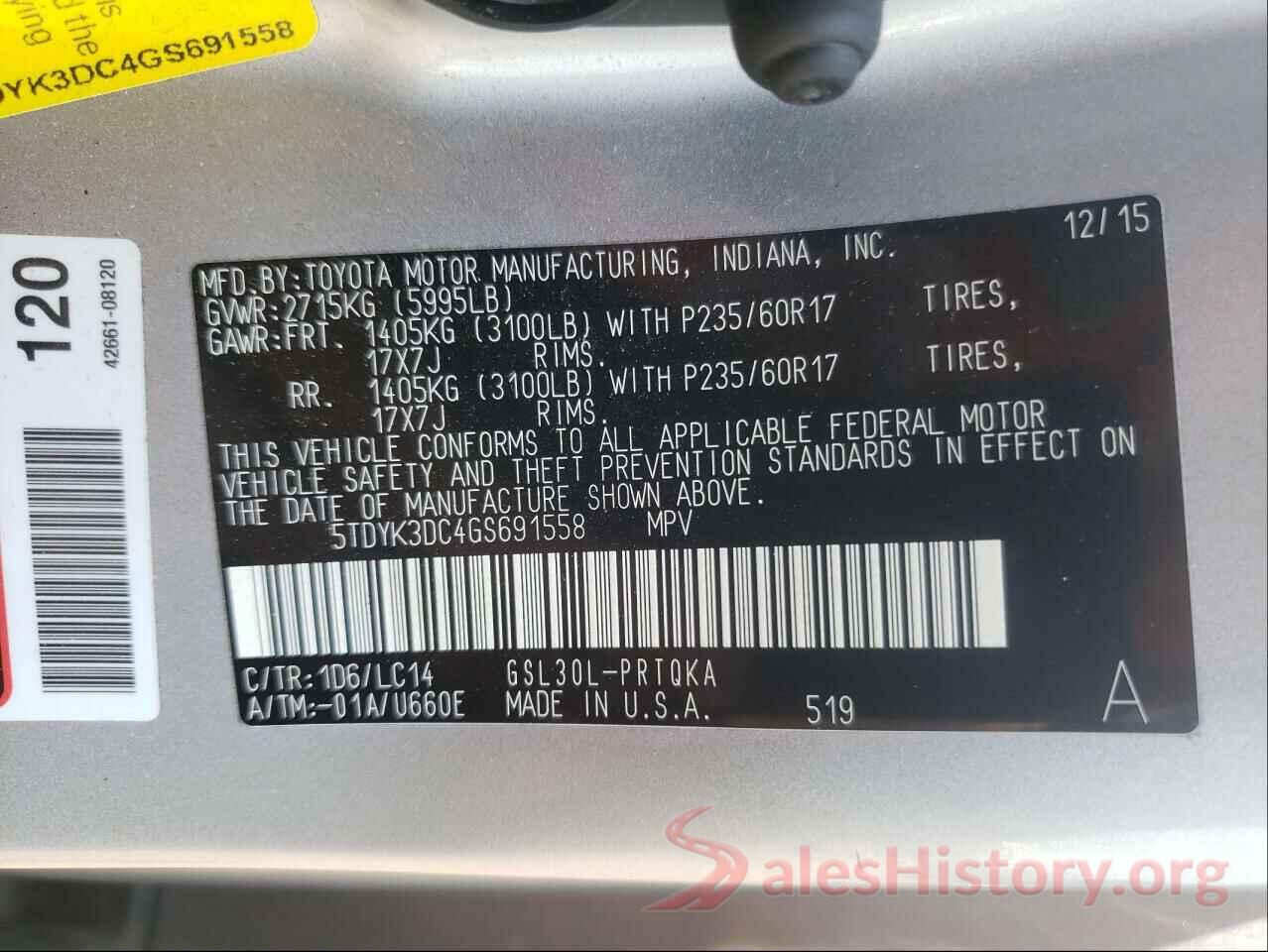 5TDYK3DC4GS691558 2016 TOYOTA SIENNA