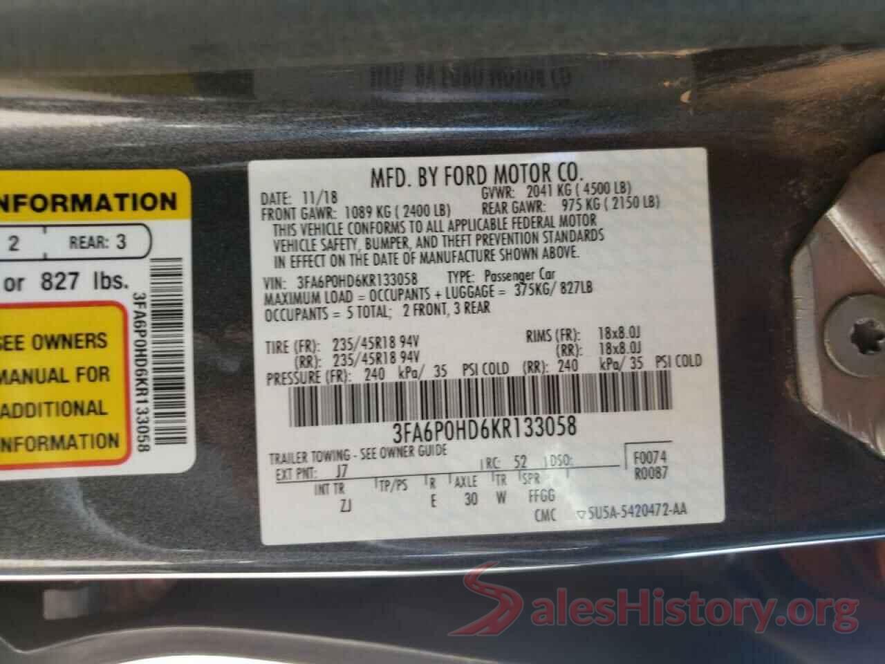 3FA6P0HD6KR133058 2019 FORD FUSION