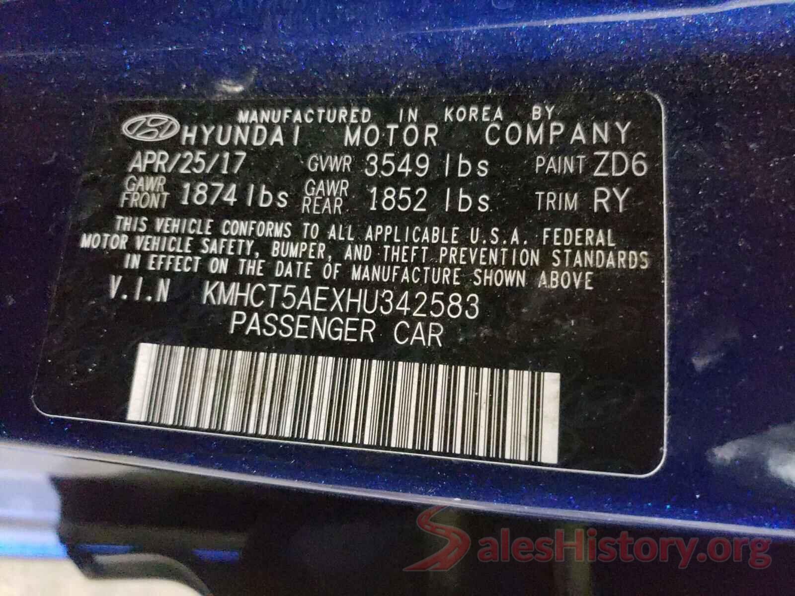 KMHCT5AEXHU342583 2017 HYUNDAI ACCENT