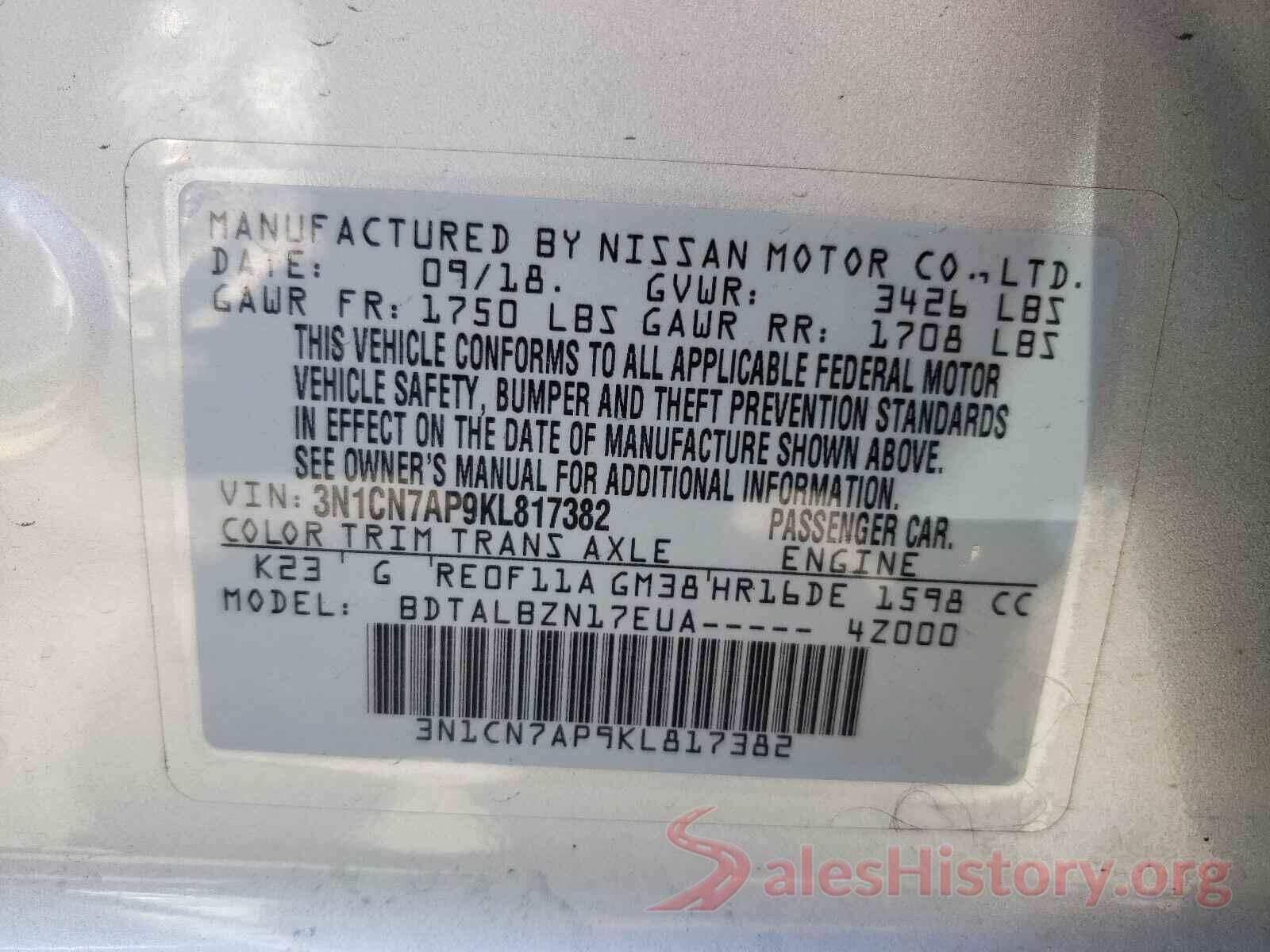 3N1CN7AP9KL817382 2019 NISSAN VERSA