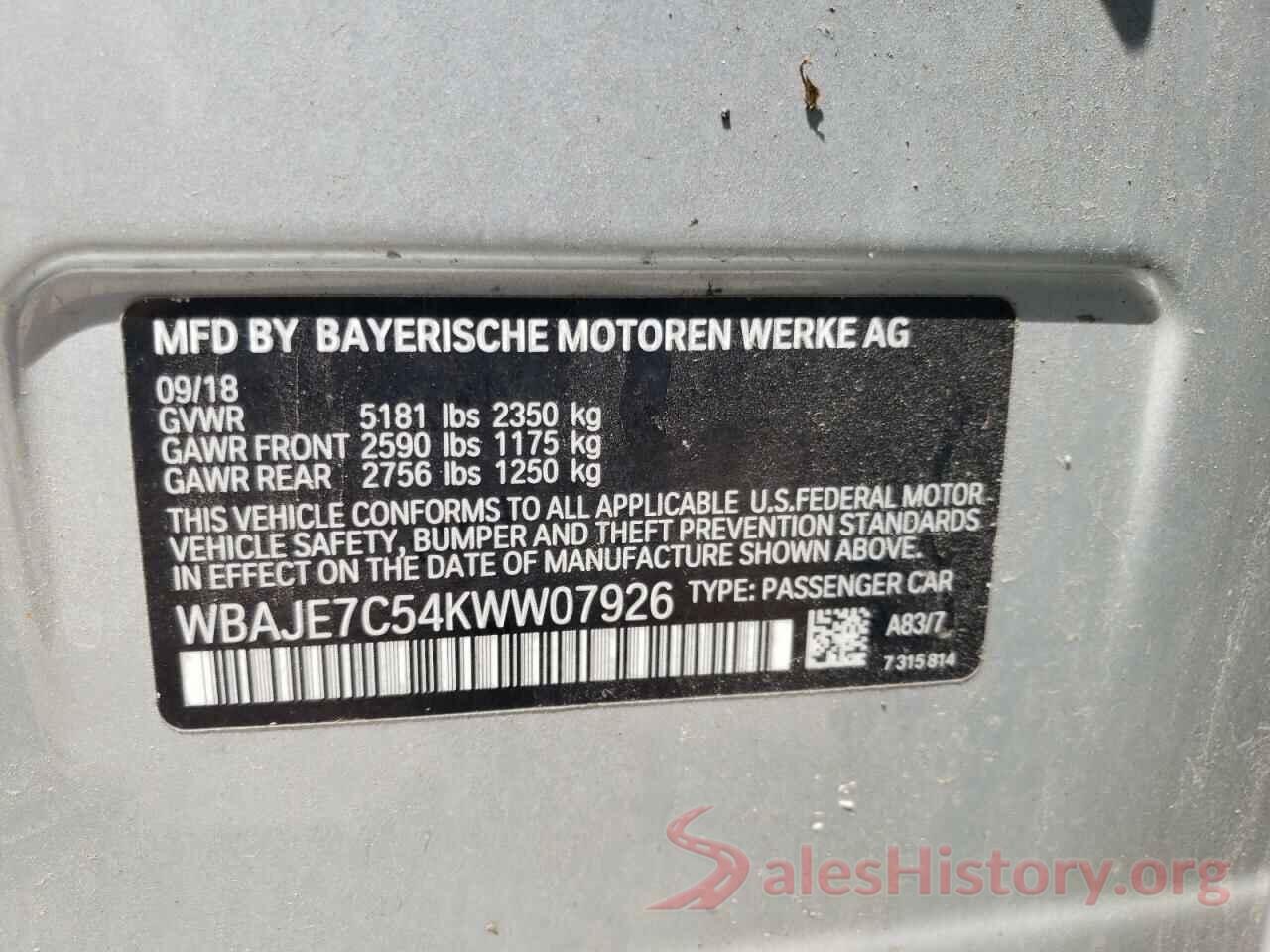 WBAJE7C54KWW07926 2019 BMW 5 SERIES