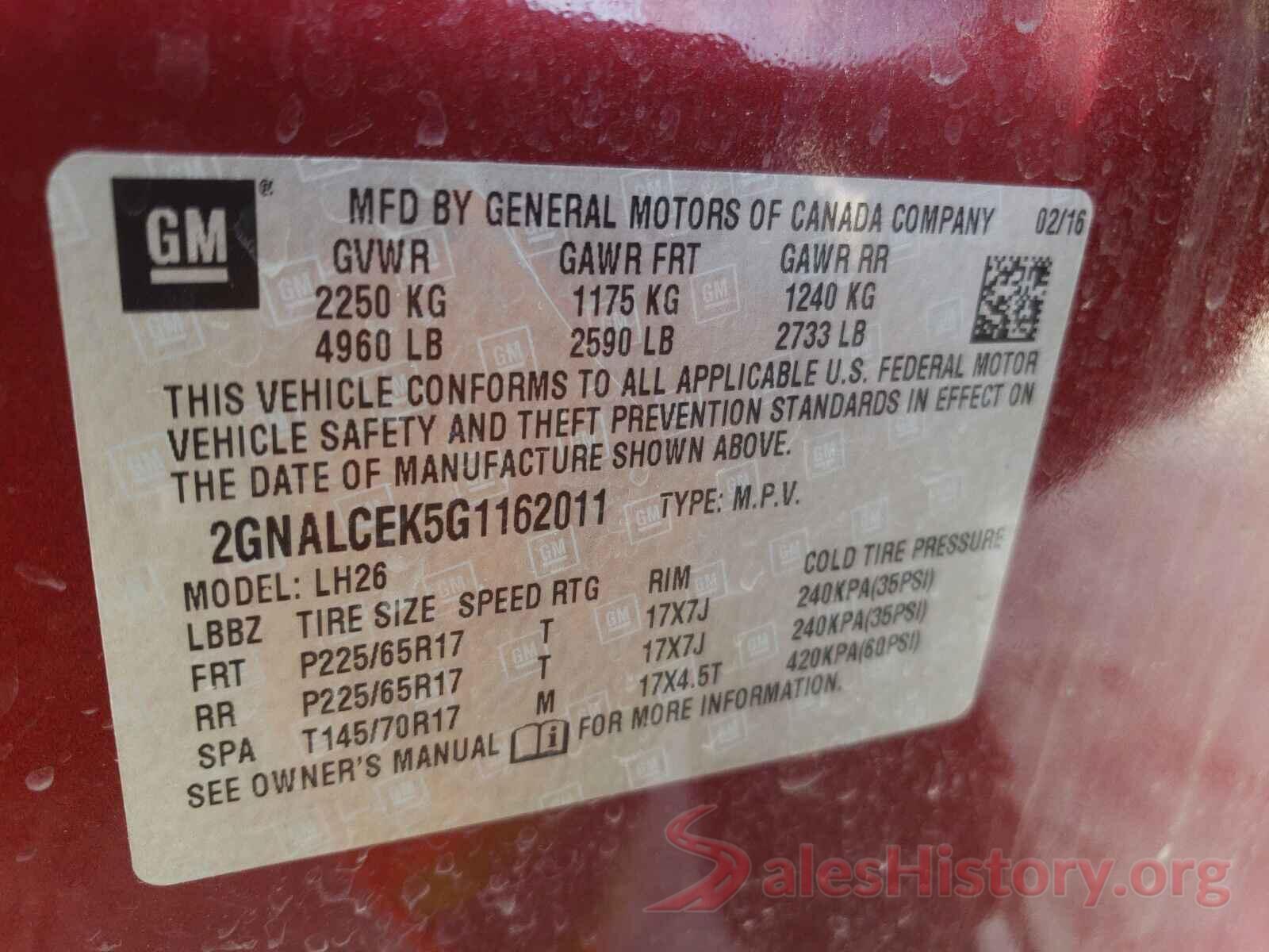 2GNALCEK5G1162011 2016 CHEVROLET EQUINOX