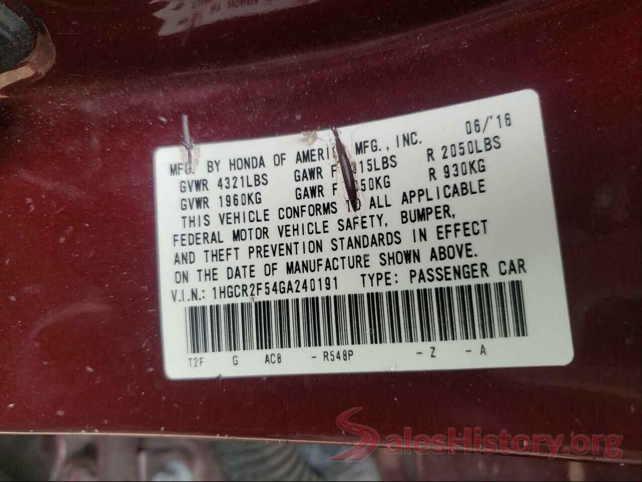 1HGCR2F54GA240191 2016 HONDA ACCORD