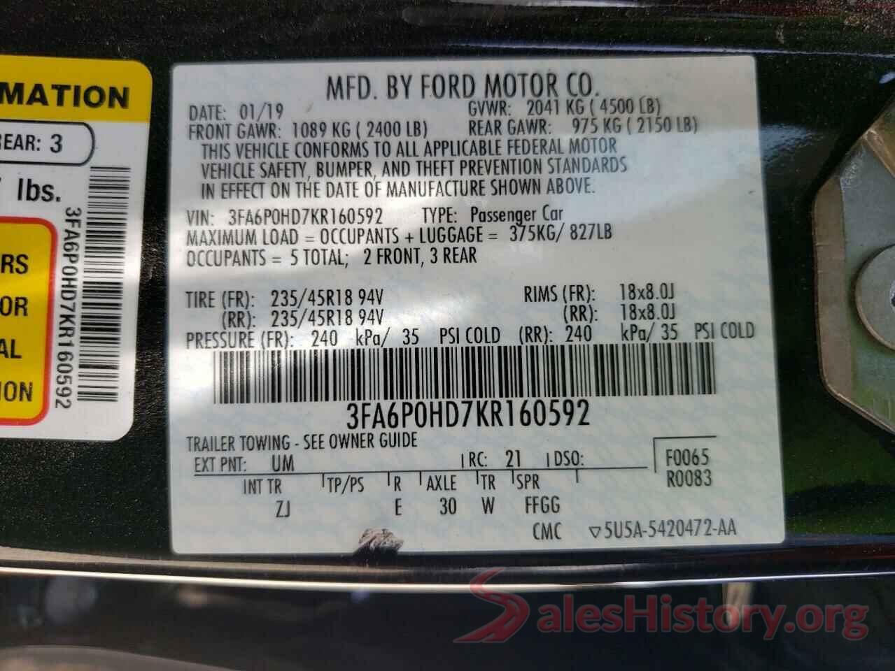 3FA6P0HD7KR160592 2019 FORD FUSION