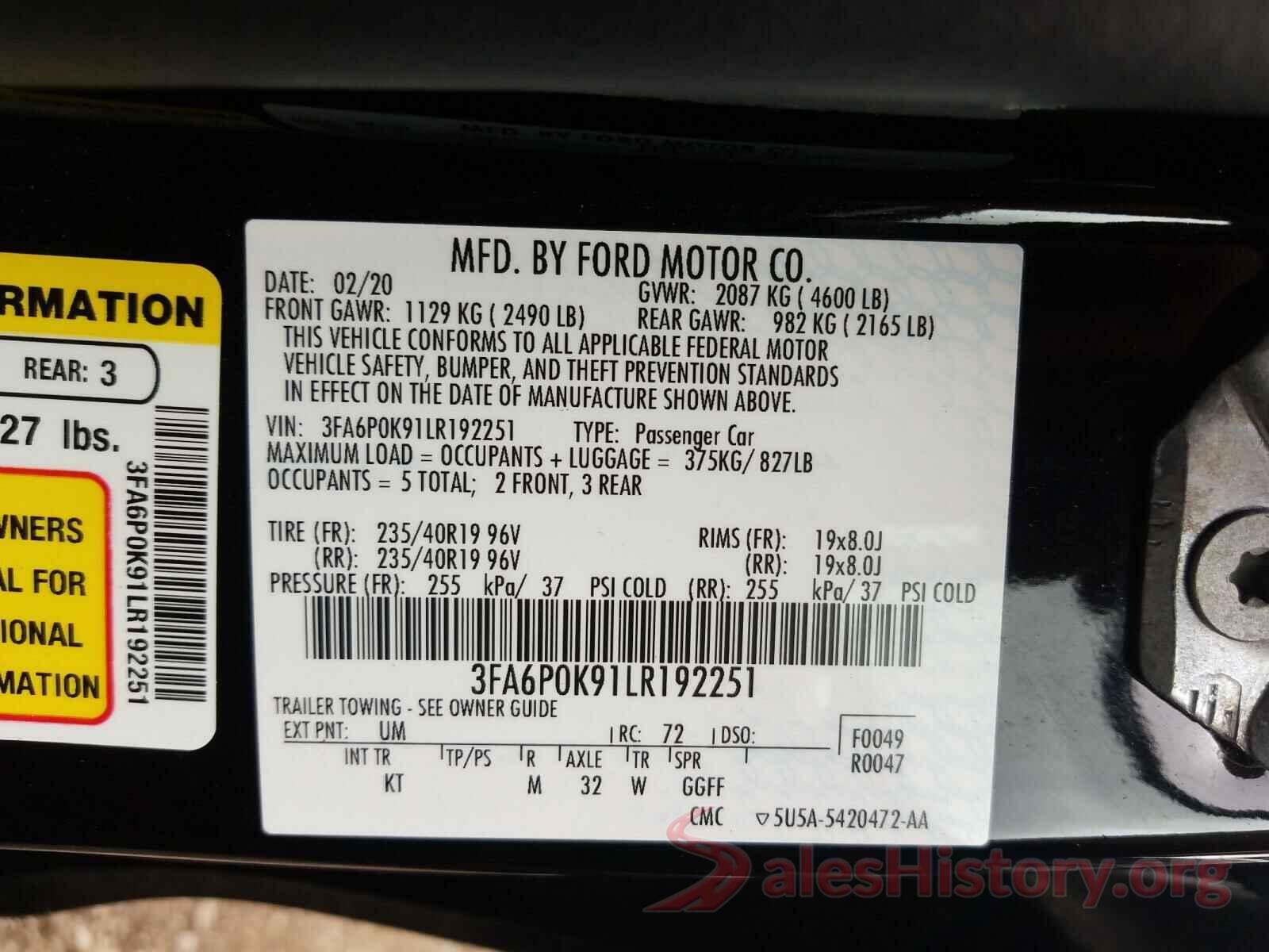 3FA6P0K91LR192251 2020 FORD FUSION