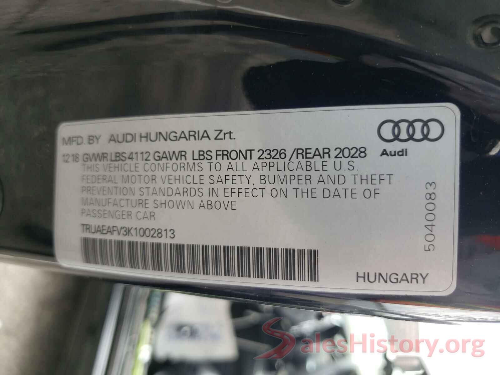 TRUAEAFV3K1002813 2019 AUDI TT