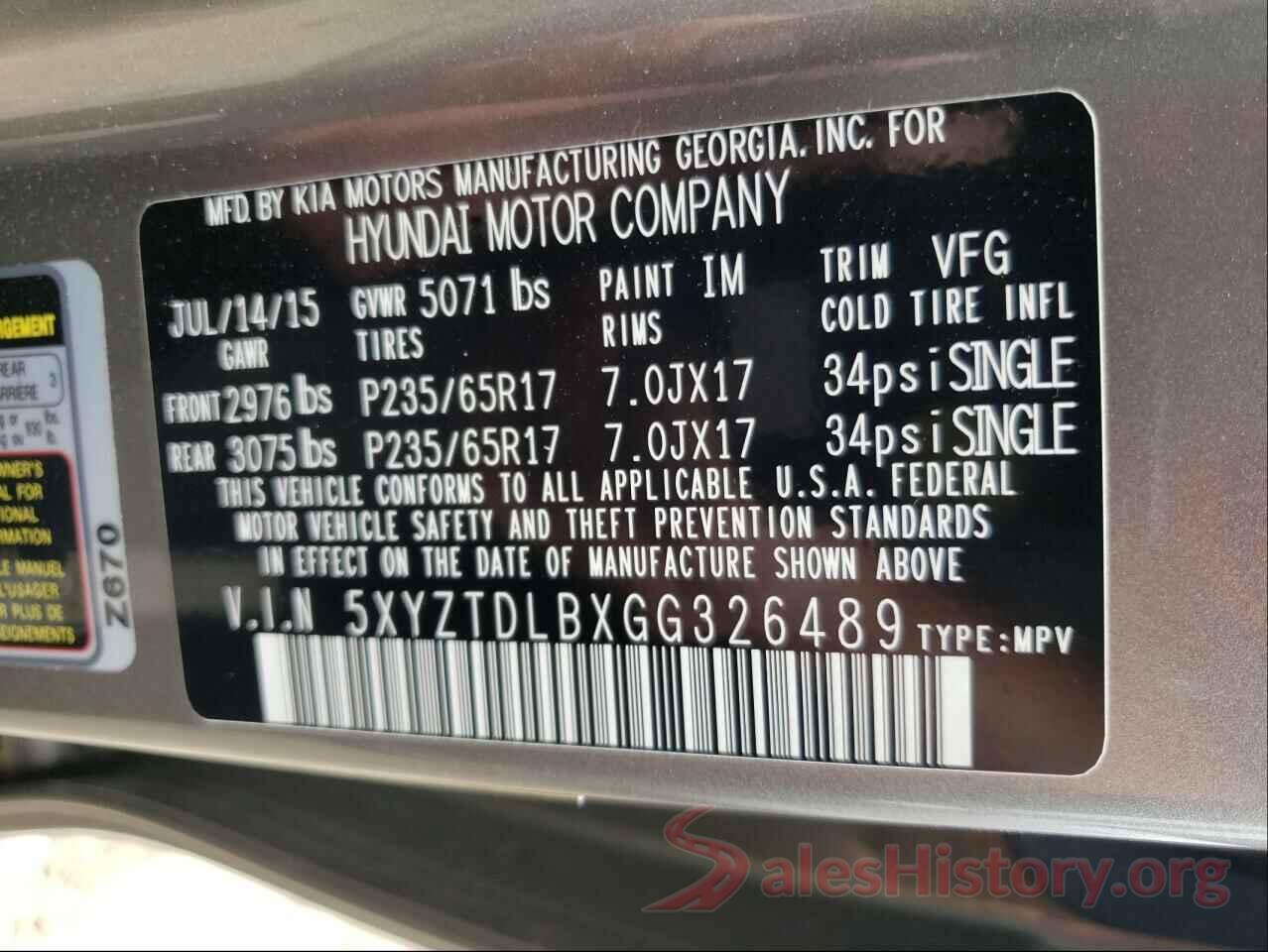 5XYZTDLBXGG326489 2016 HYUNDAI SANTA FE