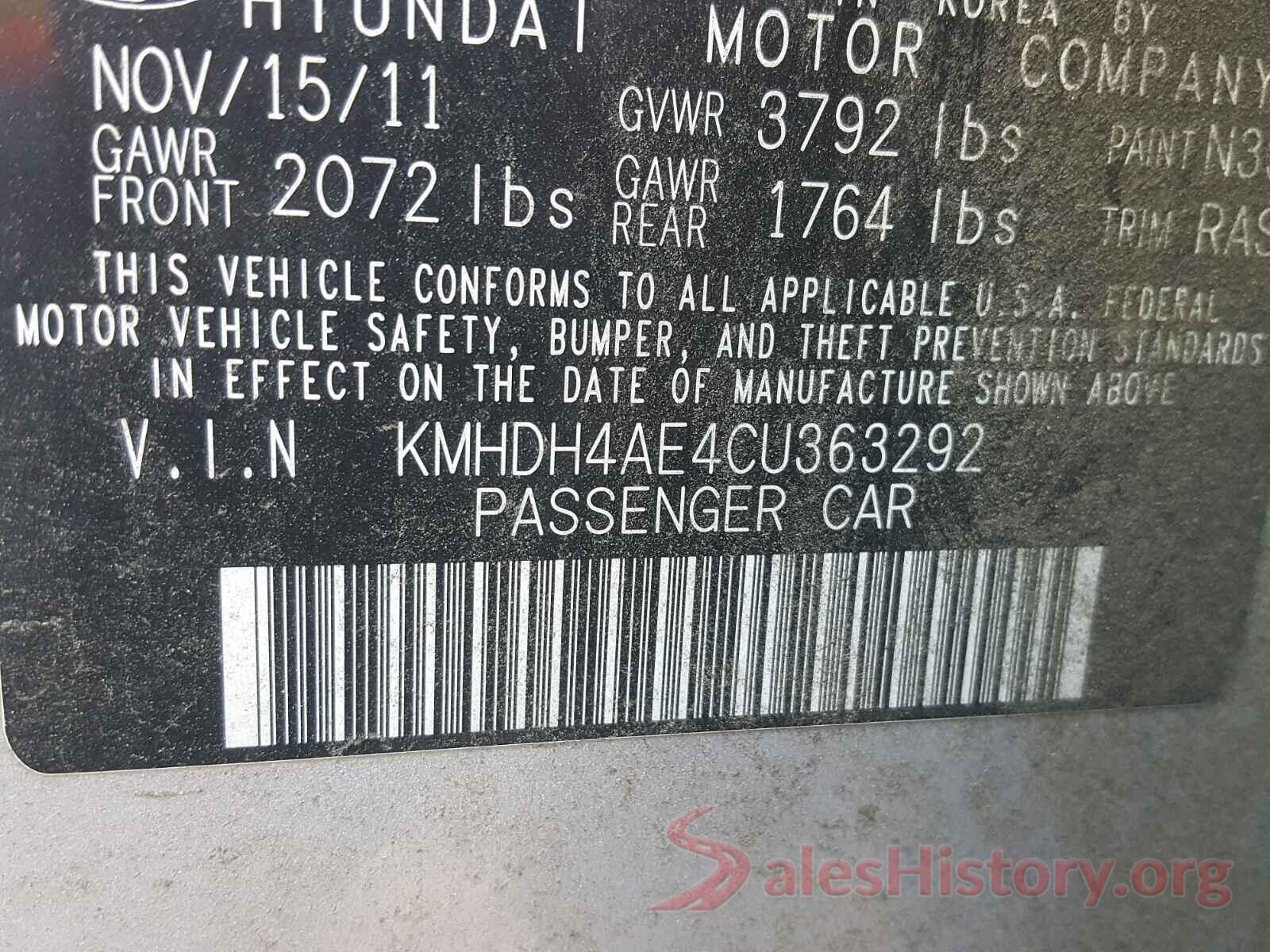 KMHDH4AE4CU363292 2012 HYUNDAI ELANTRA