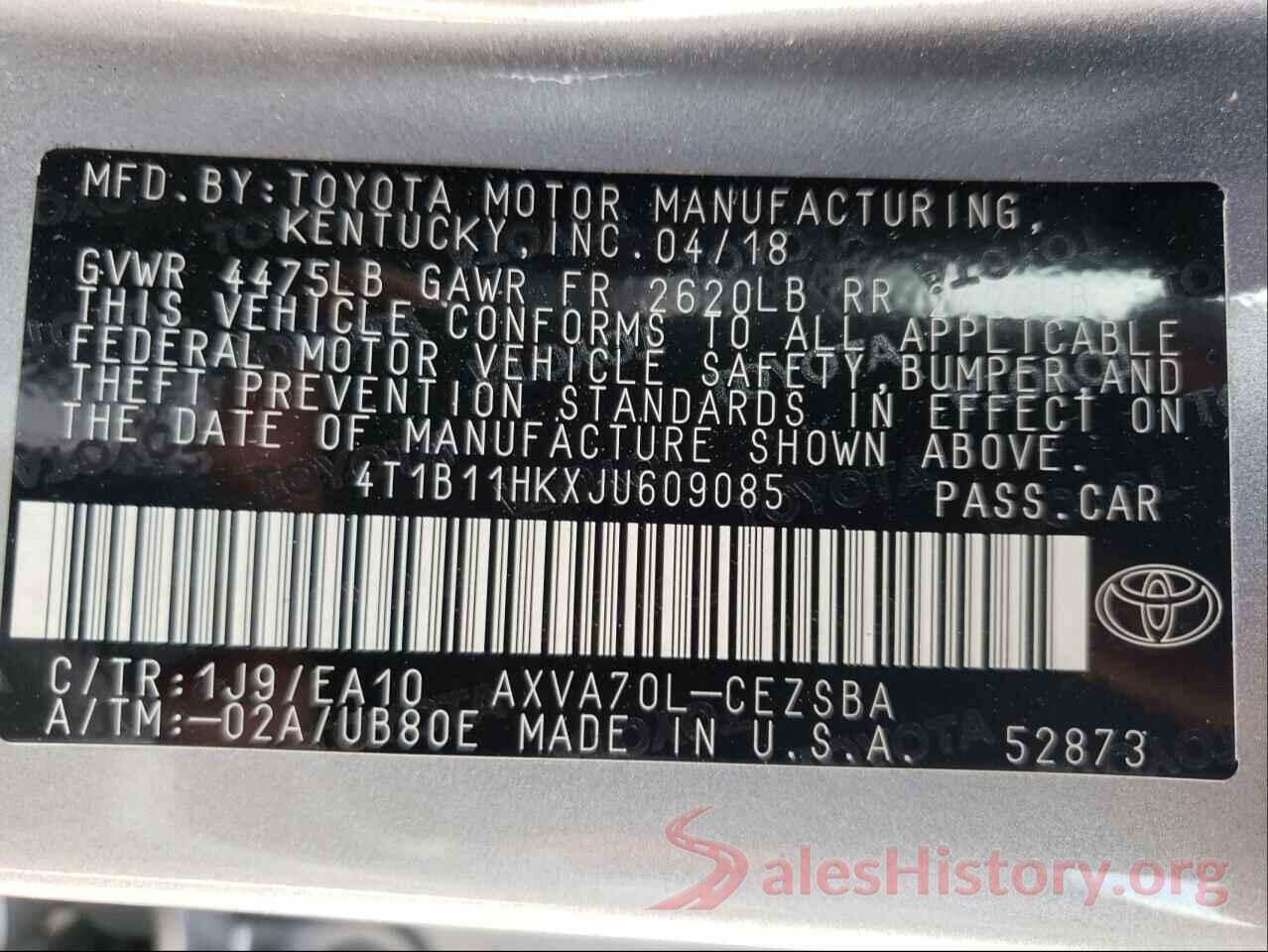 4T1B11HKXJU609085 2018 TOYOTA CAMRY