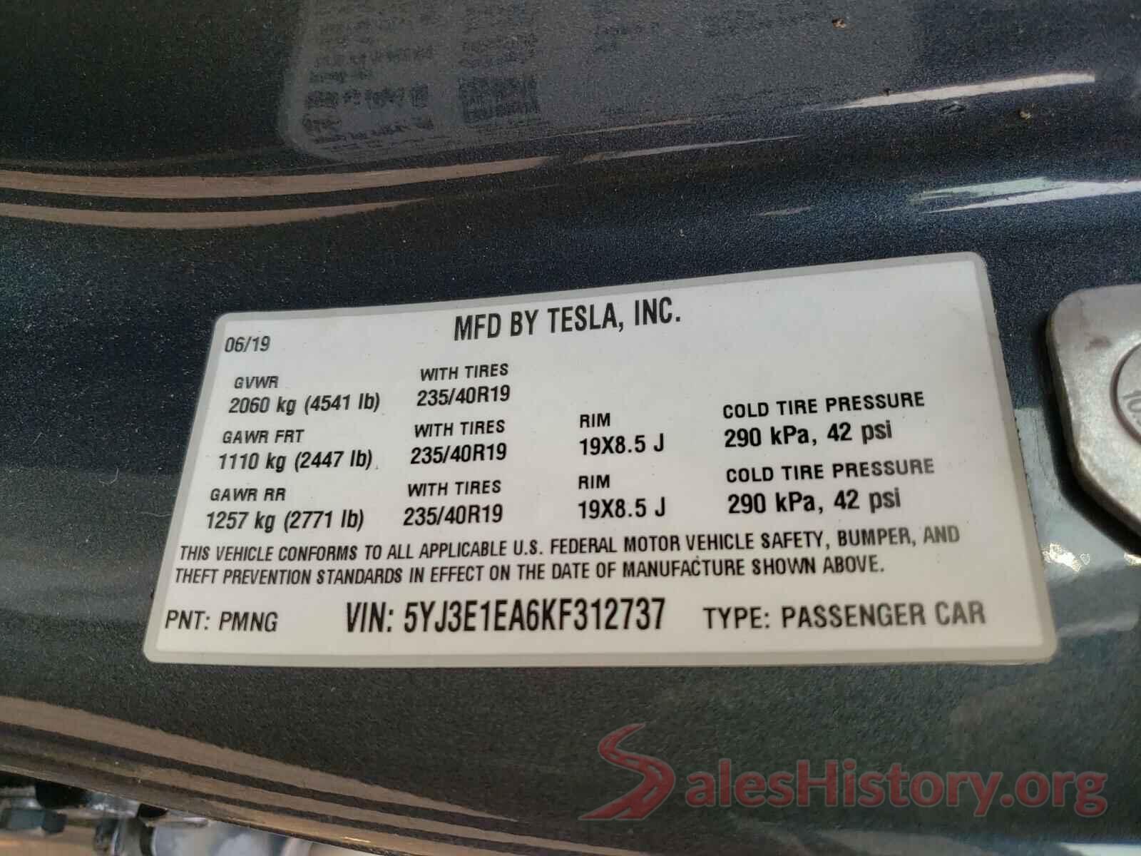 5YJ3E1EA6KF312737 2019 TESLA MODEL 3