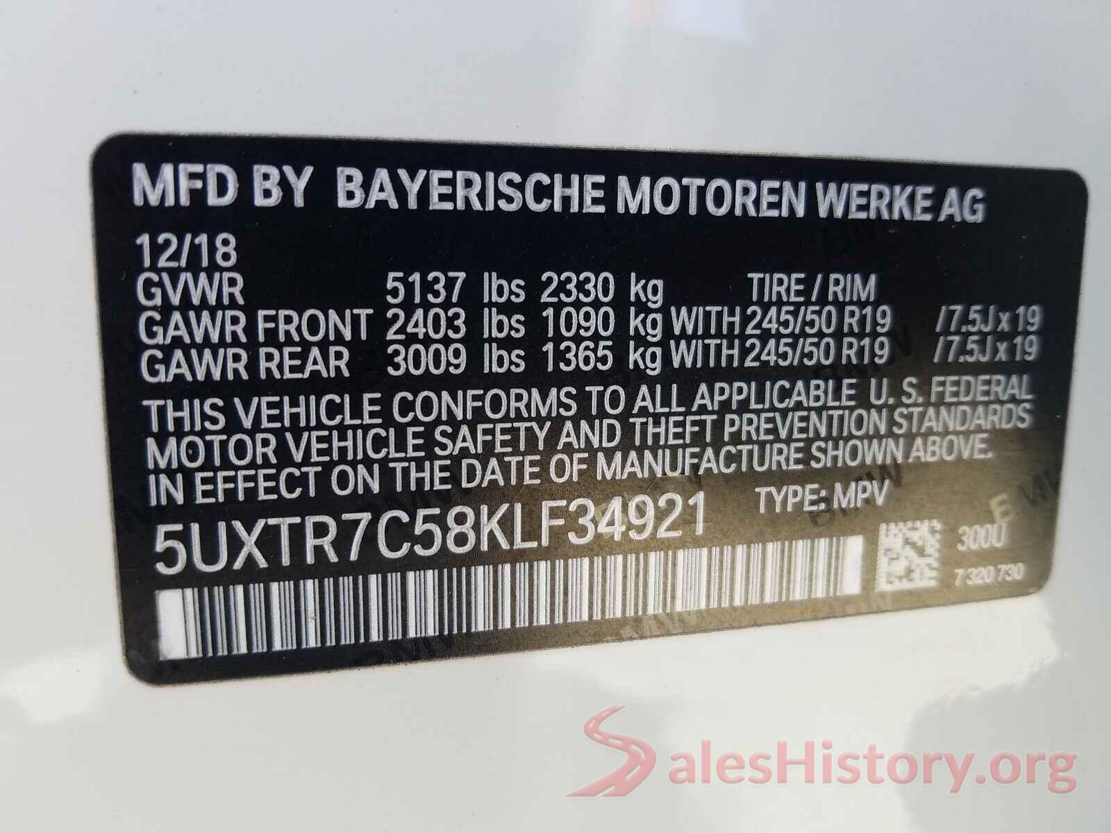 5UXTR7C58KLF34921 2019 BMW X3