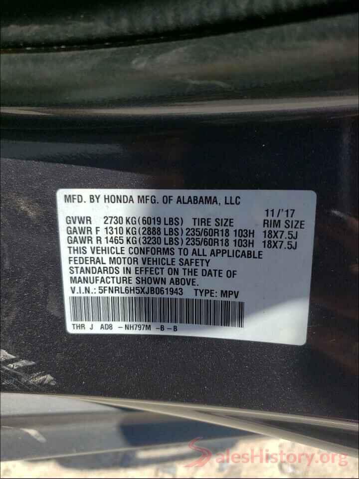 5FNRL6H5XJB061943 2018 HONDA ODYSSEY