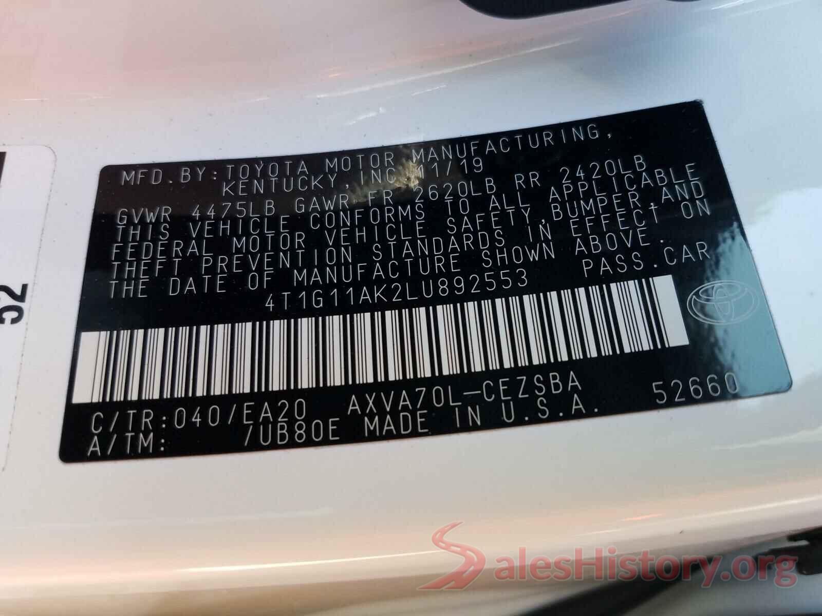 4T1G11AK2LU892553 2020 TOYOTA CAMRY