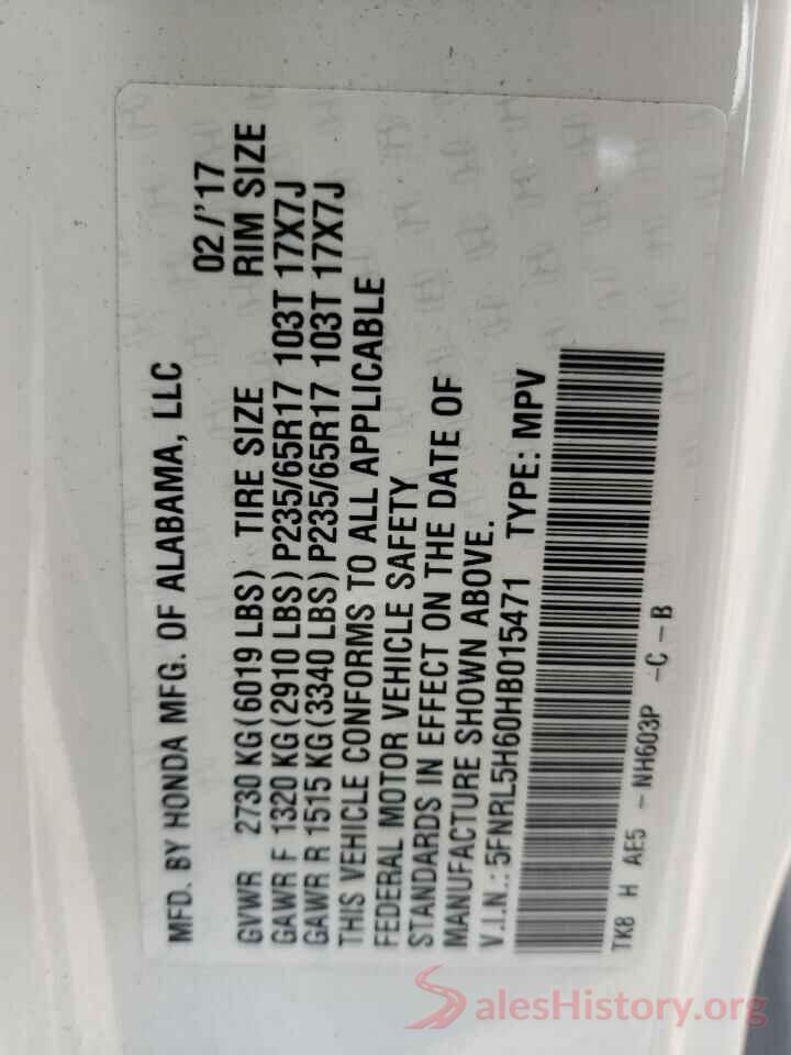 5FNRL5H60HB015471 2017 HONDA ODYSSEY