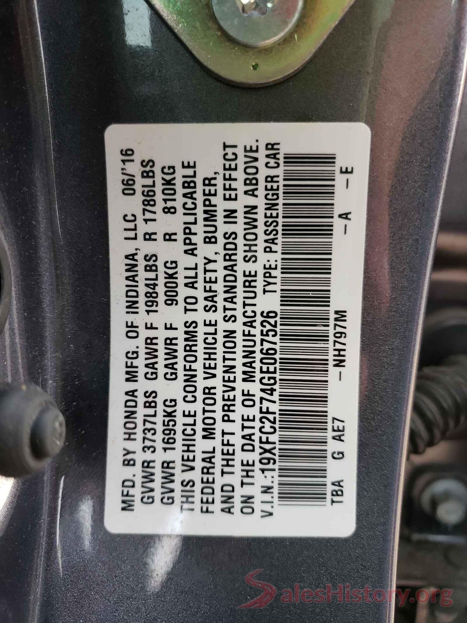 19XFC2F74GE067526 2016 HONDA CIVIC