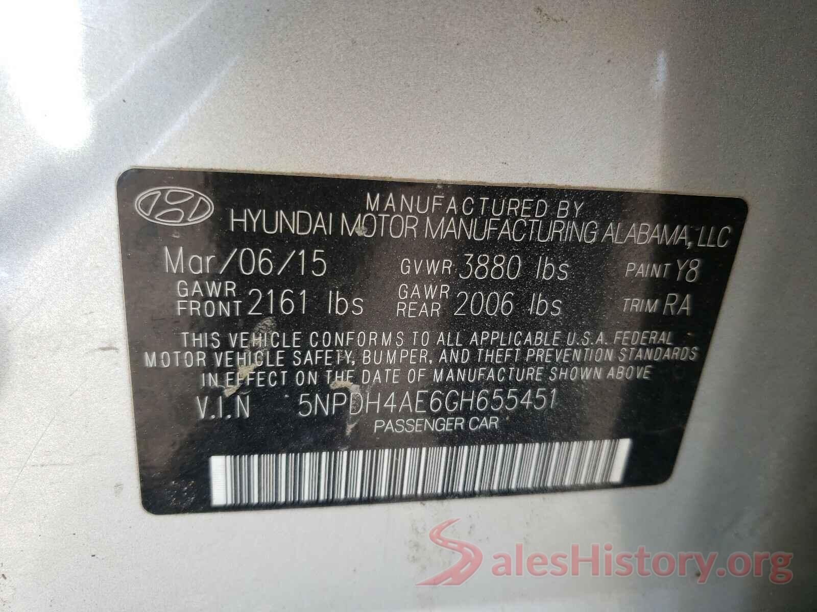 5NPDH4AE6GH655451 2016 HYUNDAI ELANTRA