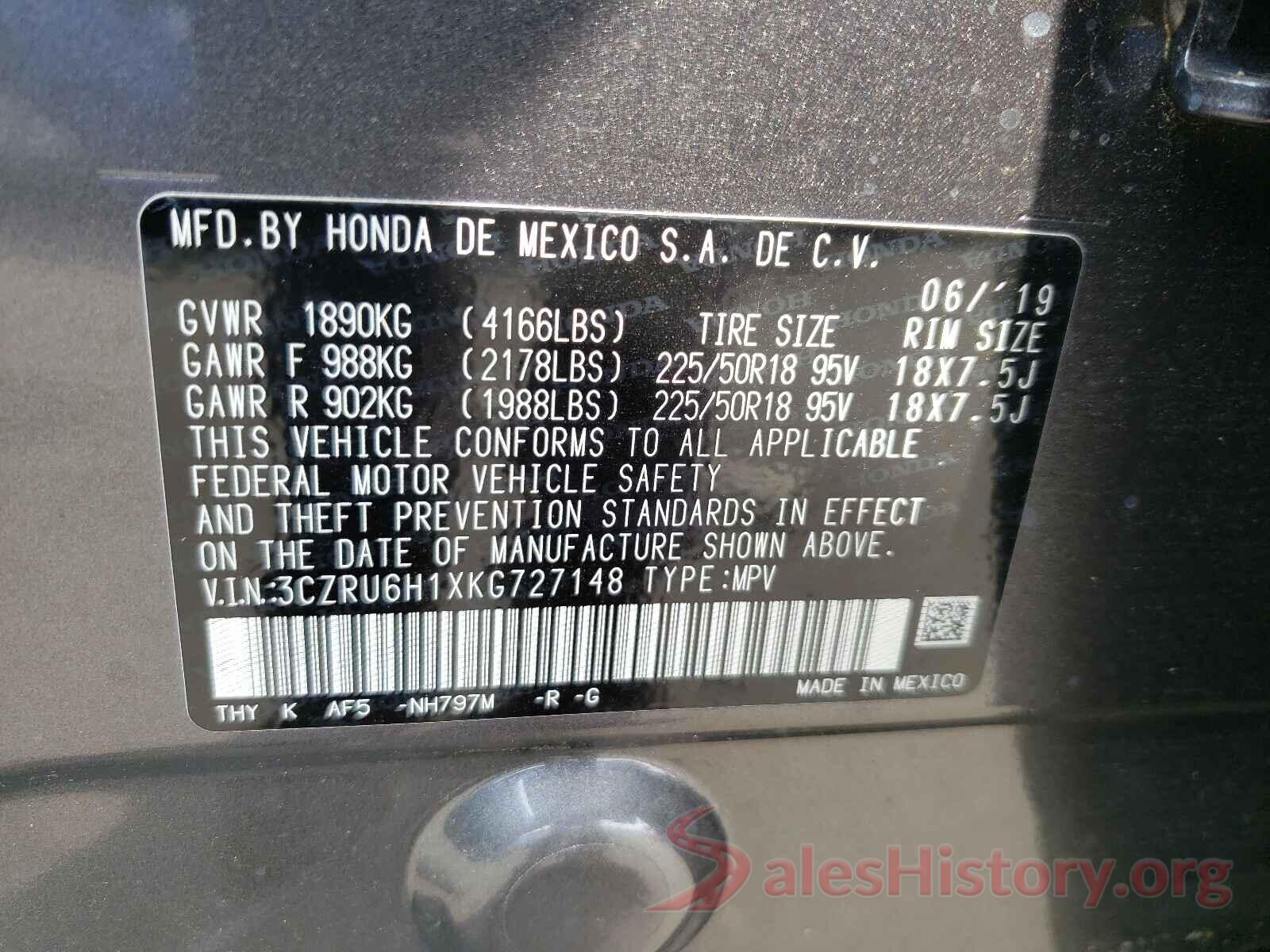 3CZRU6H1XKG727148 2019 HONDA HR-V