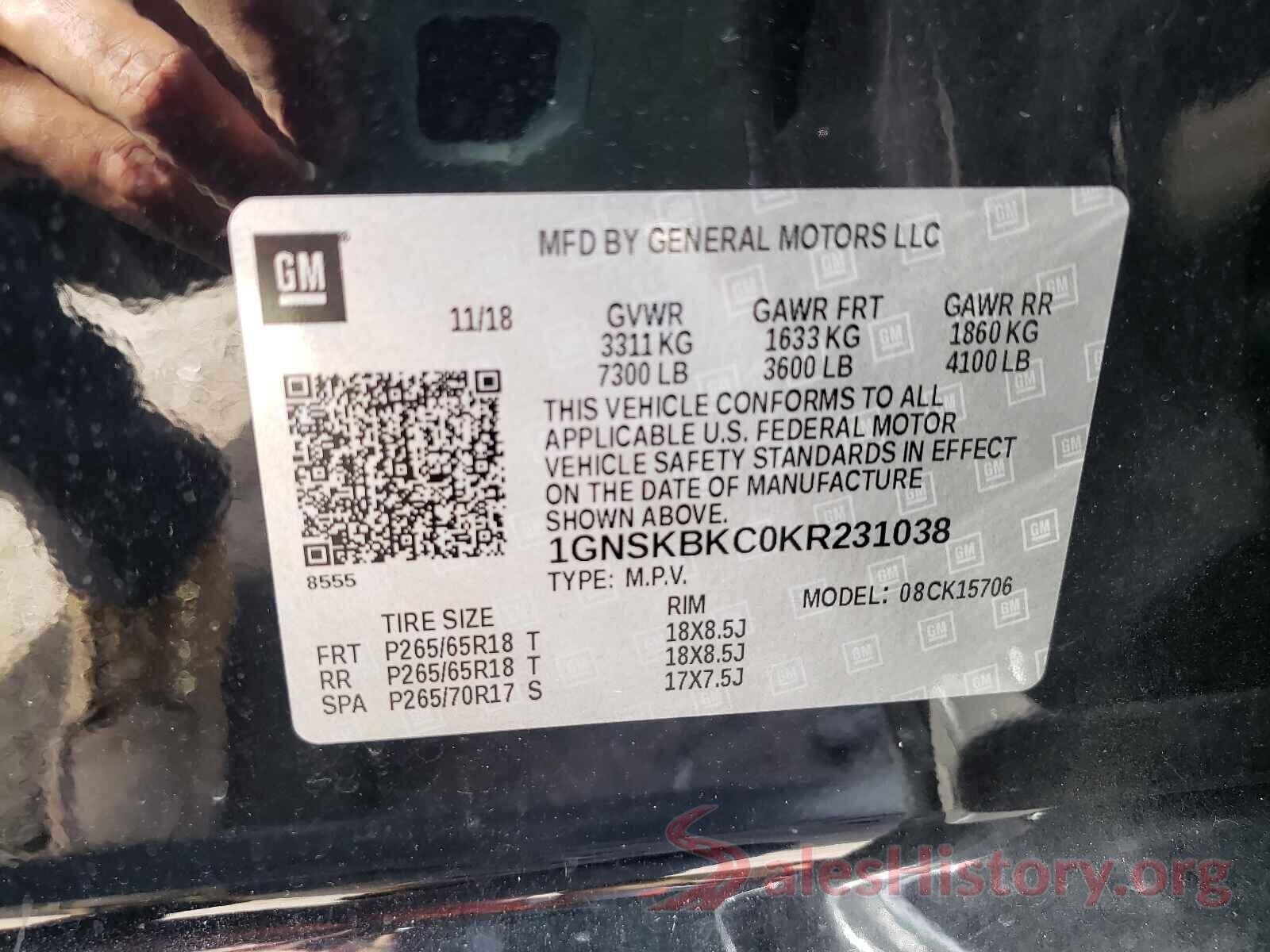 1GNSKBKC0KR231038 2019 CHEVROLET TAHOE