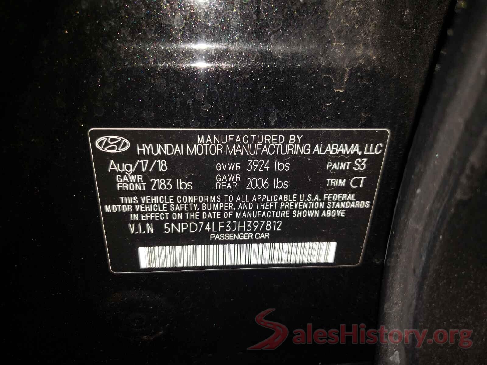 5NPD74LF3JH397812 2018 HYUNDAI ELANTRA