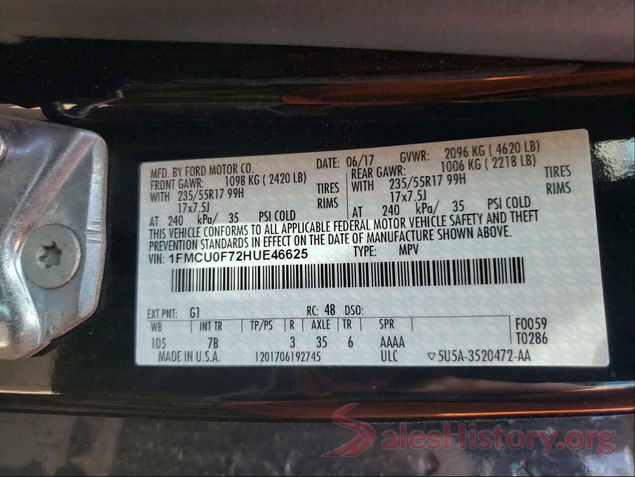 1FMCU0F72HUE46625 2017 FORD ESCAPE