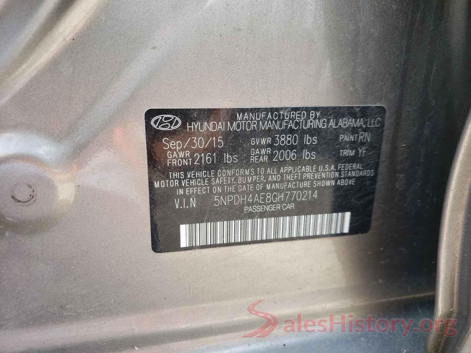 5NPDH4AE8GH770214 2016 HYUNDAI ELANTRA