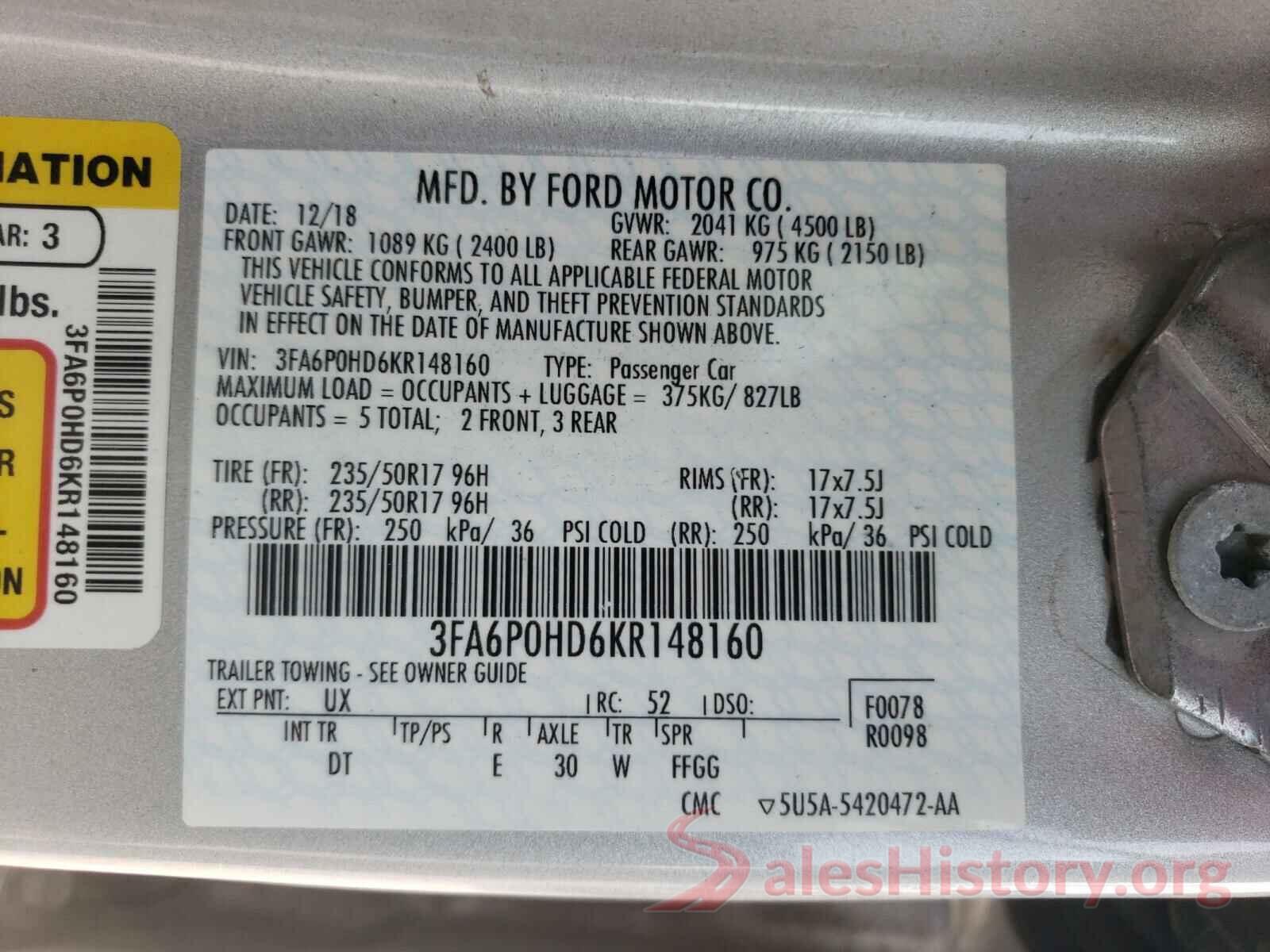 3FA6P0HD6KR148160 2019 FORD FUSION