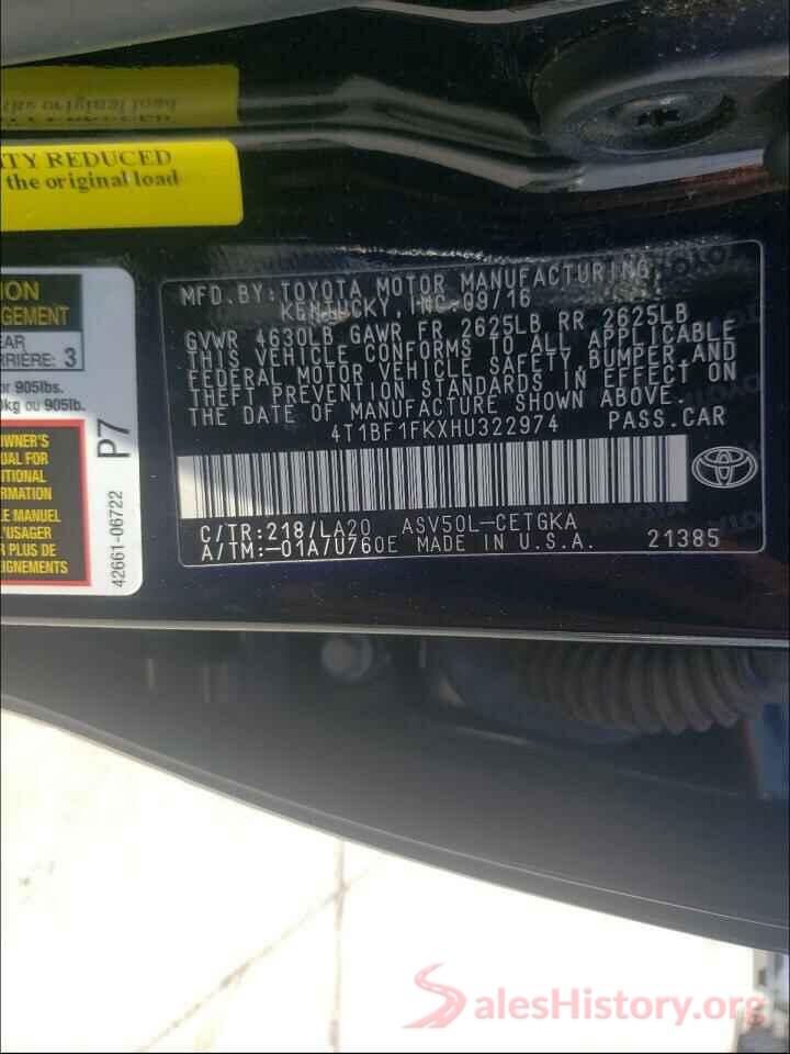 4T1BF1FKXHU322974 2017 TOYOTA CAMRY