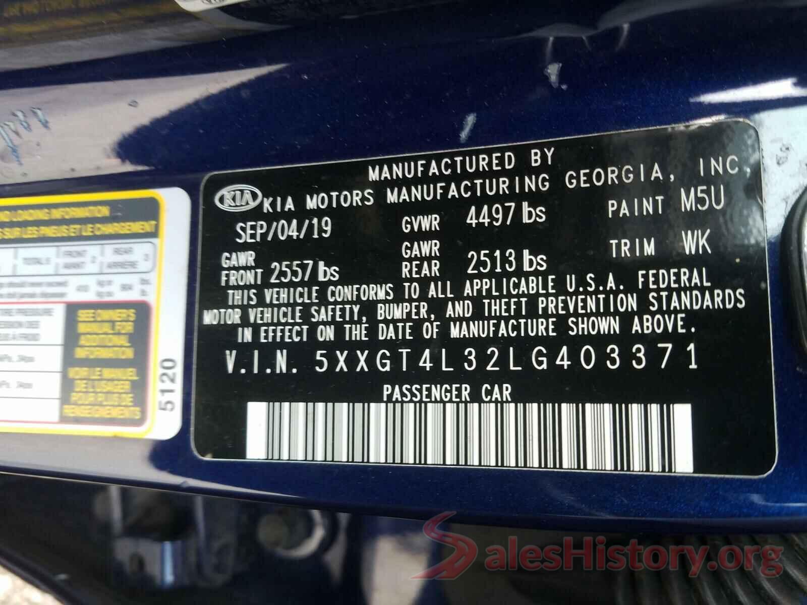 5XXGT4L32LG403371 2020 KIA OPTIMA