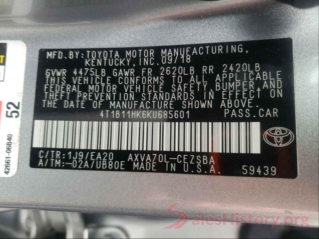 4T1B11HK6KU685601 2019 TOYOTA CAMRY