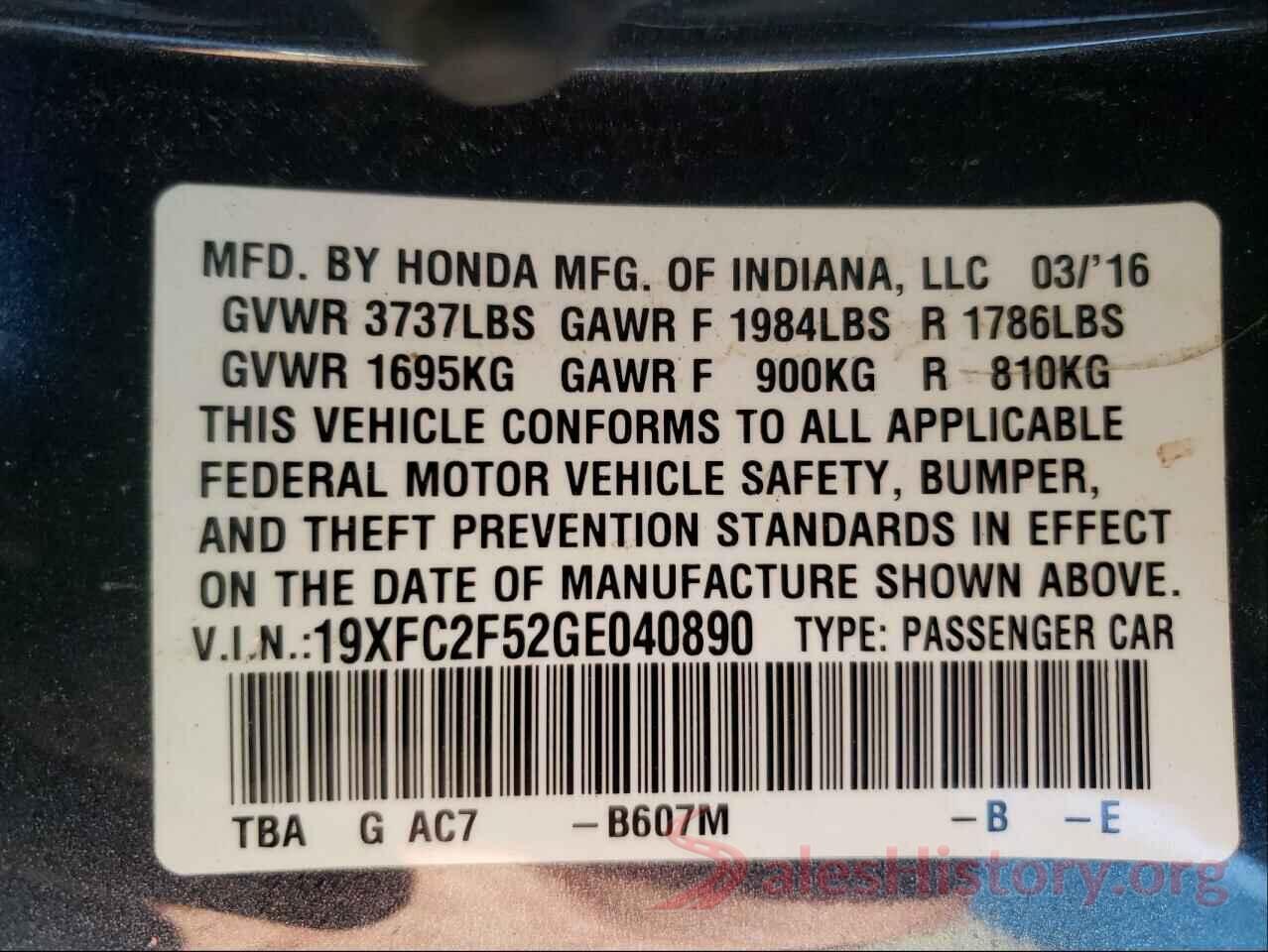 19XFC2F52GE040890 2016 HONDA CIVIC