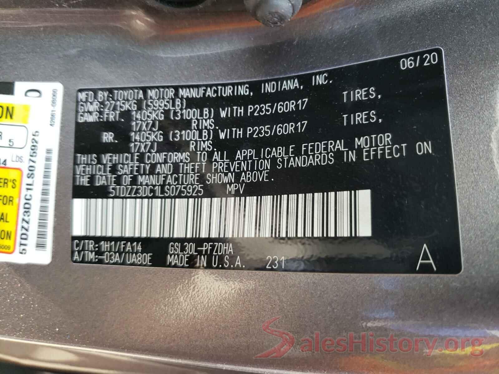 5TDZZ3DC1LS075925 2020 TOYOTA SIENNA