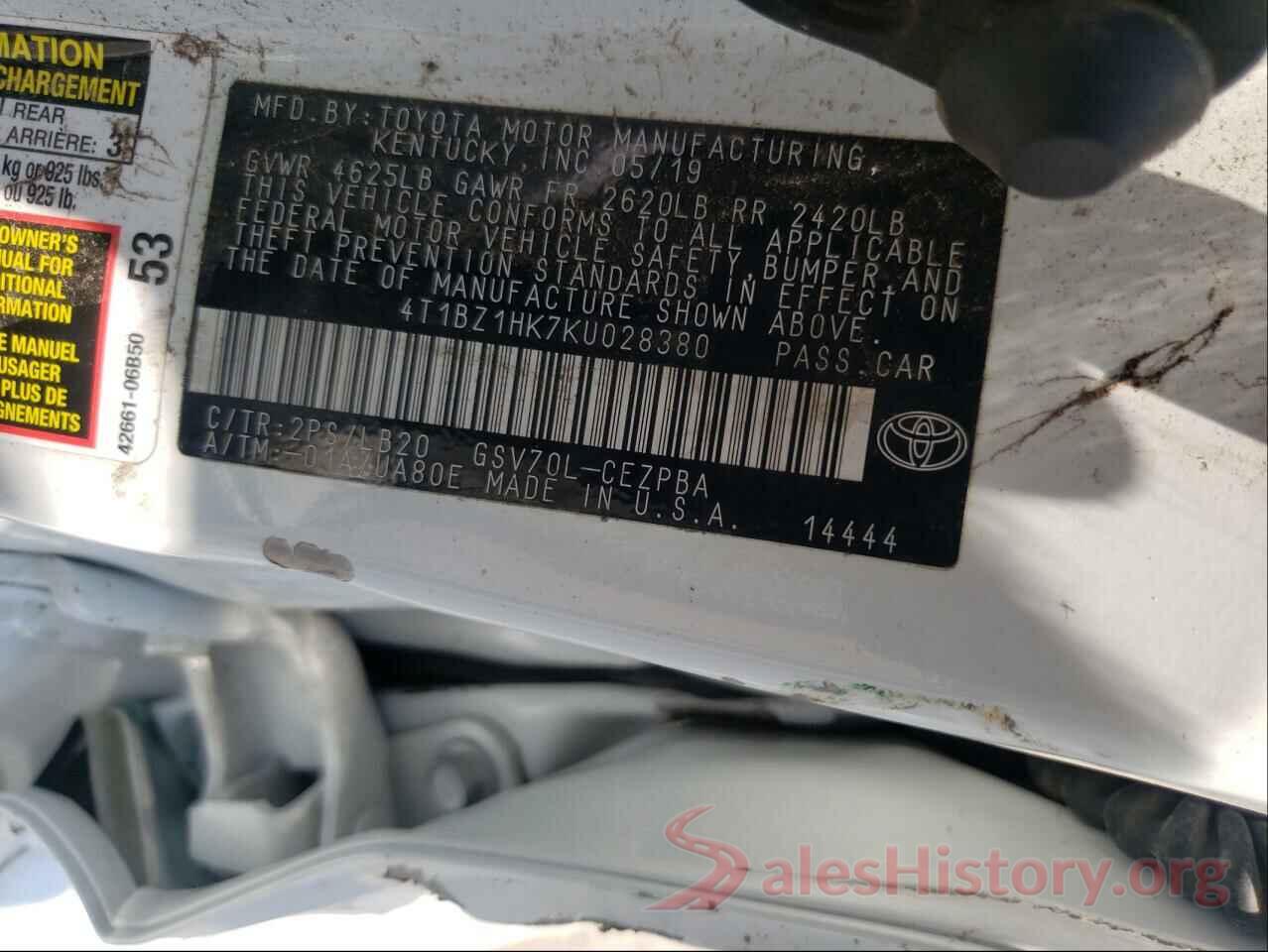 4T1BZ1HK7KU028380 2019 TOYOTA CAMRY