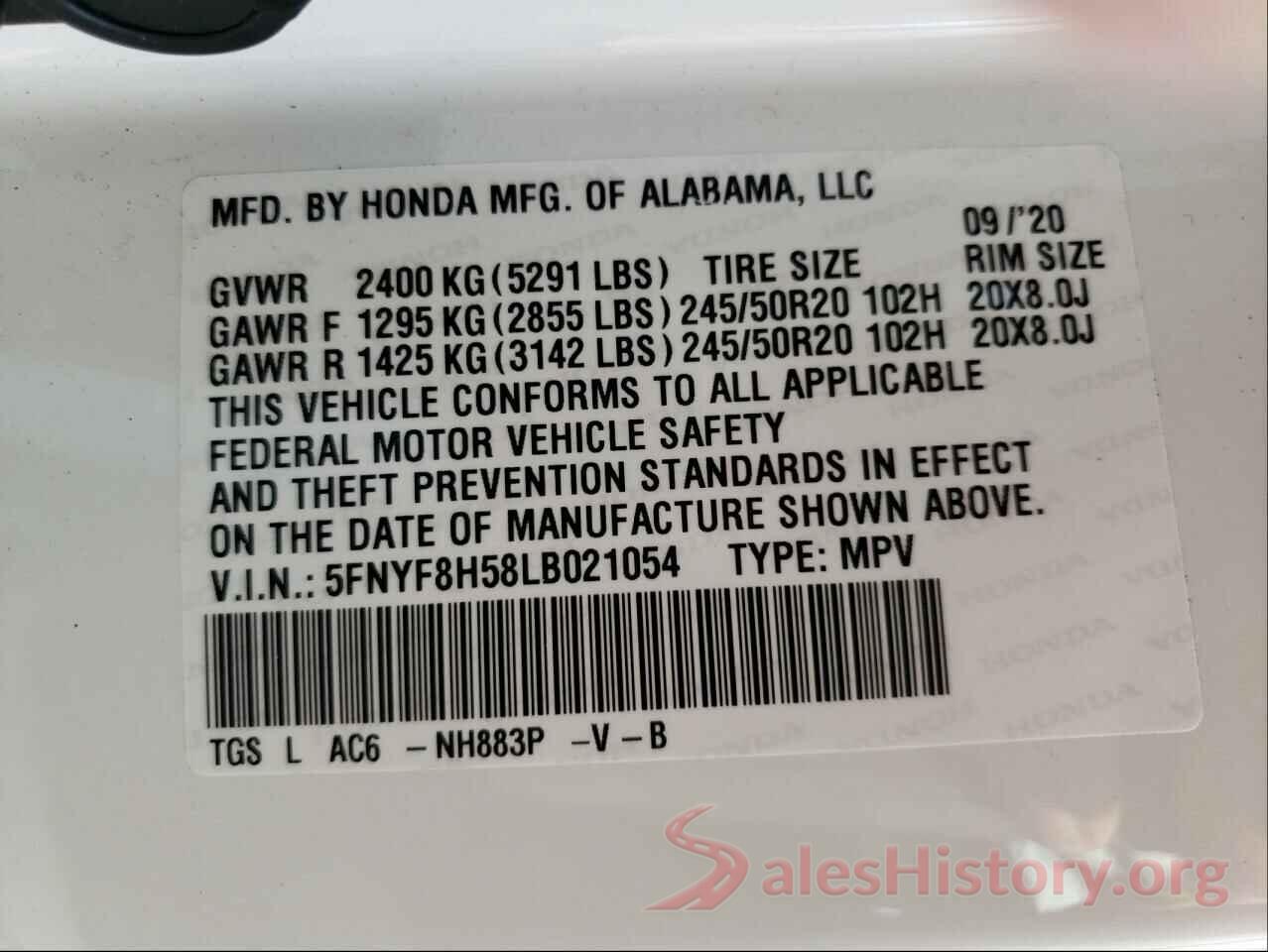 5FNYF8H58LB021054 2020 HONDA PASSPORT