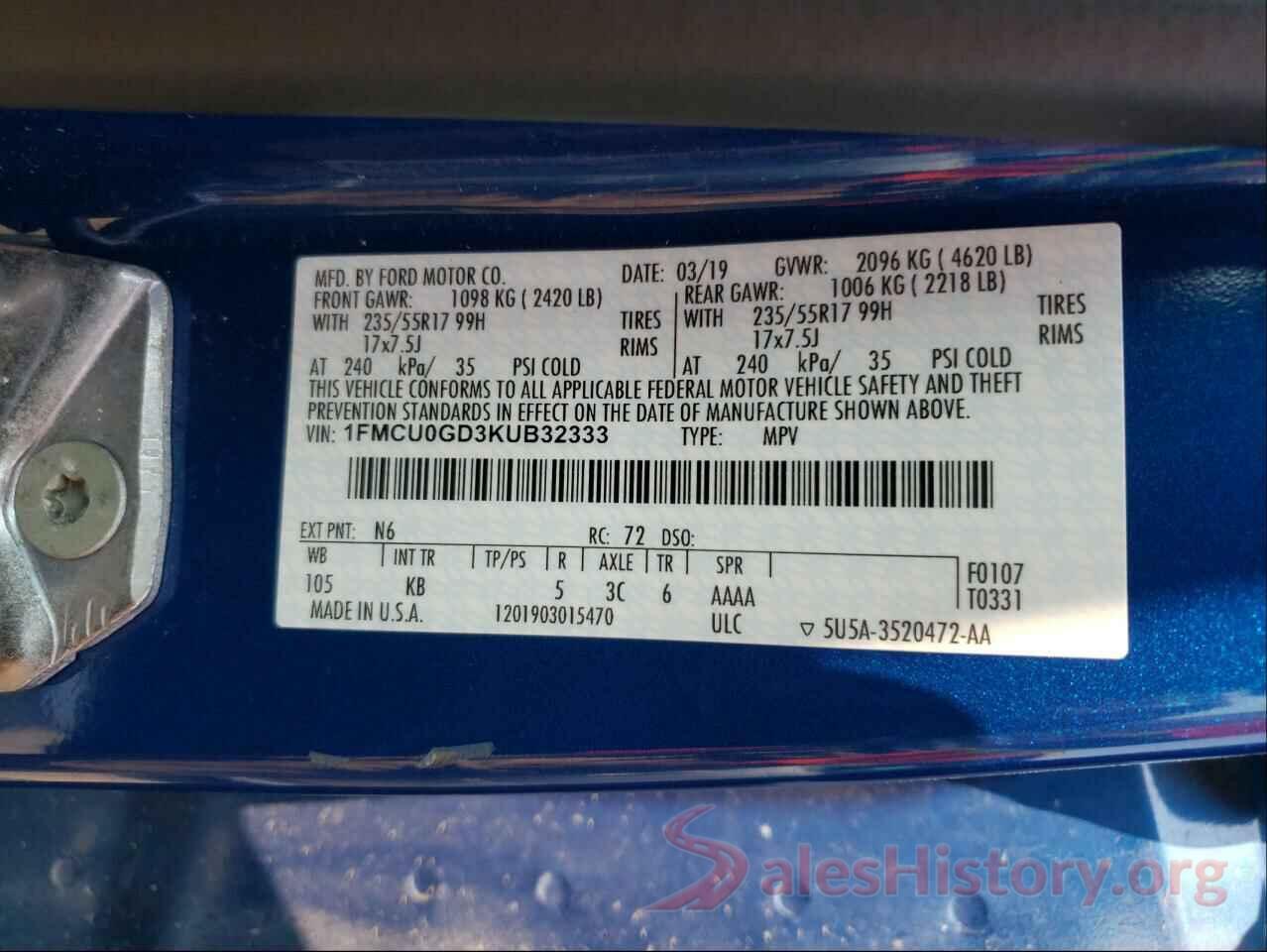 1FMCU0GD3KUB32333 2019 FORD ESCAPE