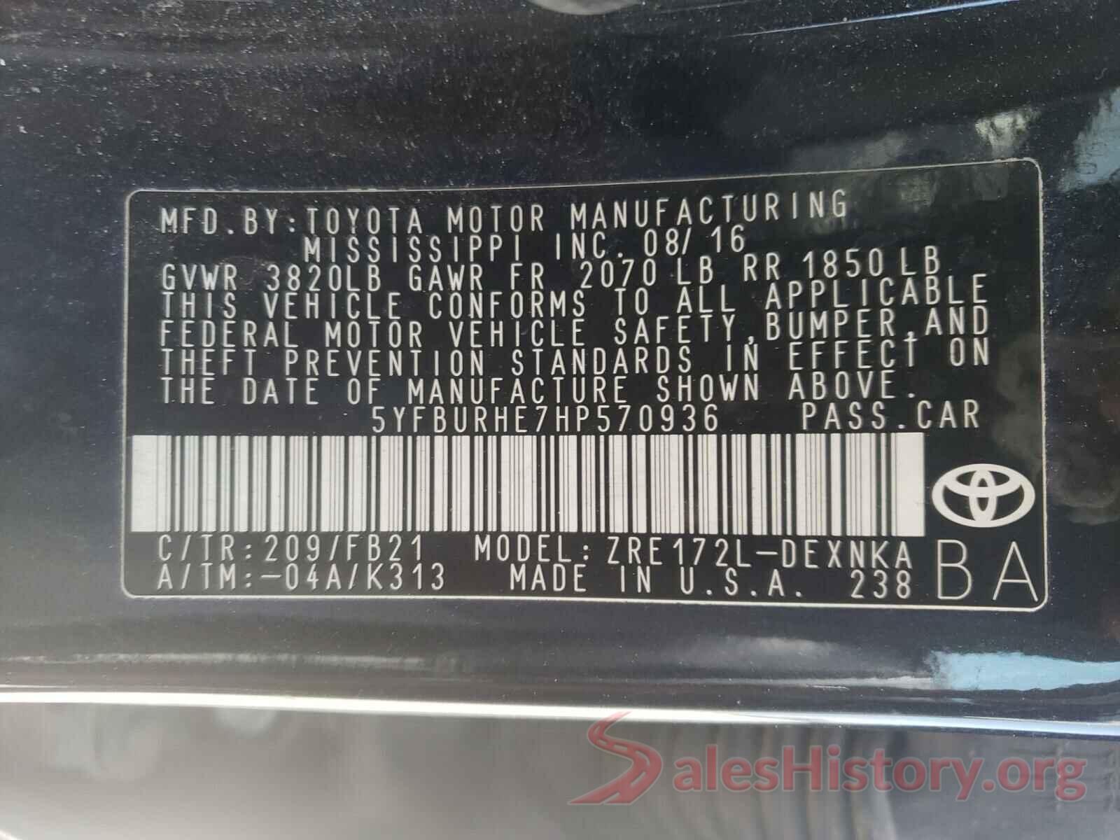 5YFBURHE7HP570936 2017 TOYOTA COROLLA