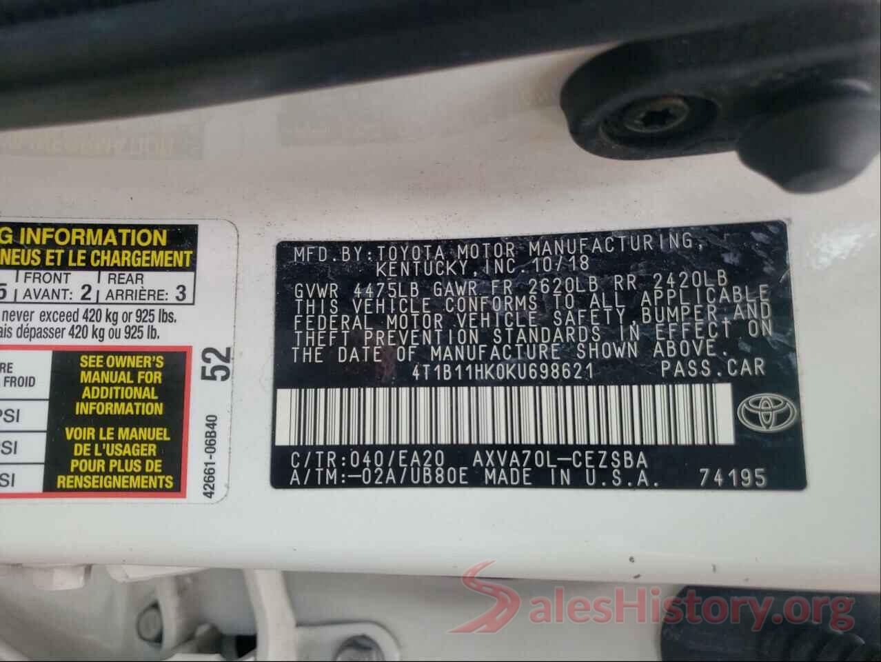 4T1B11HK0KU698621 2019 TOYOTA CAMRY