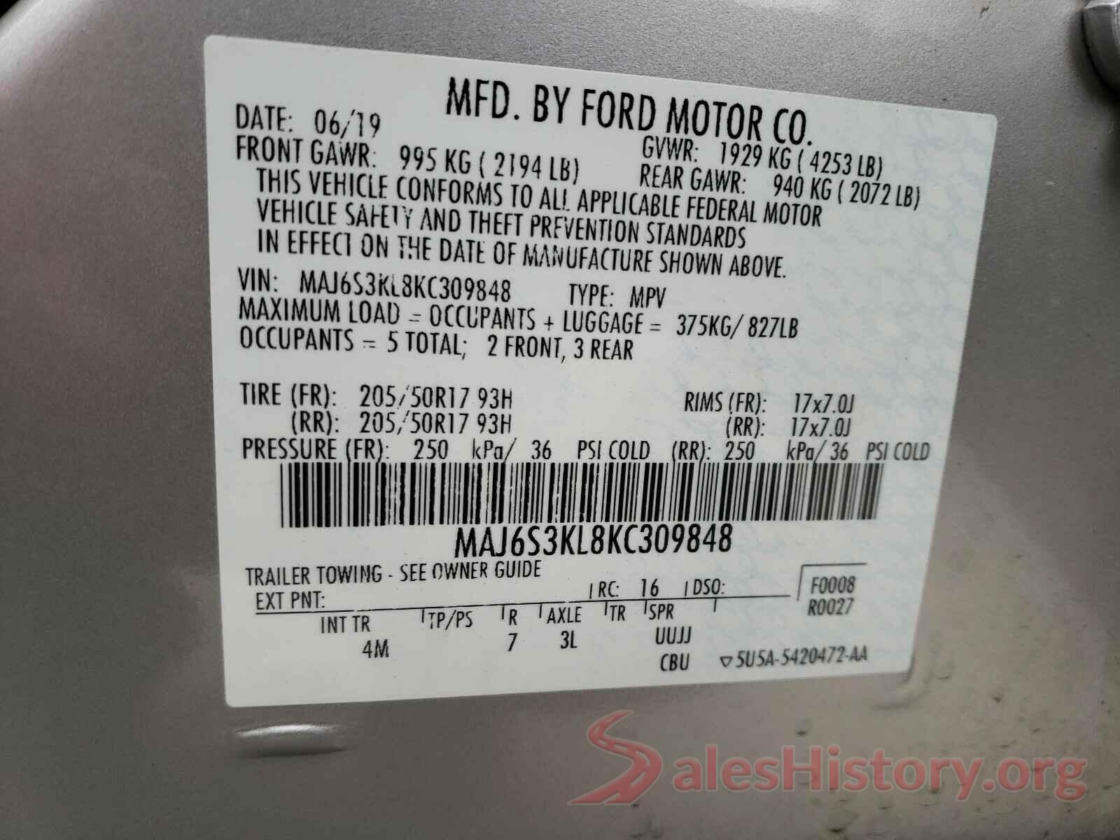 MAJ6S3KL8KC309848 2019 FORD ALL OTHER