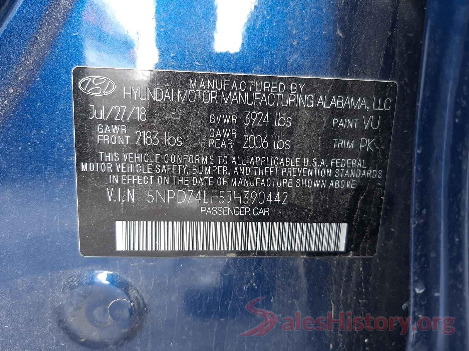 5NPD74LF5JH390442 2018 HYUNDAI ELANTRA