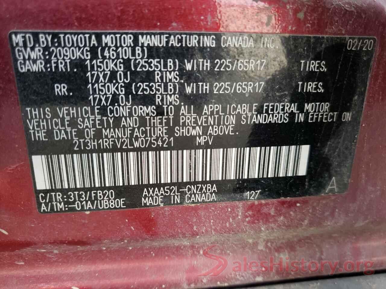 2T3H1RFV2LW075421 2020 TOYOTA RAV4