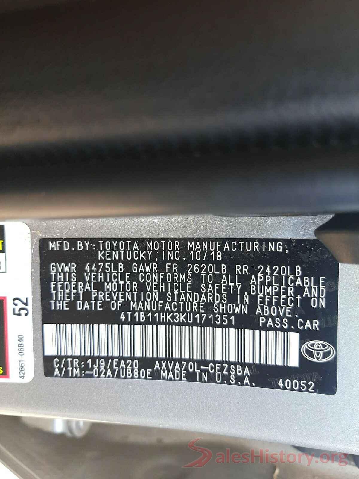 4T1B11HK3KU171351 2019 TOYOTA CAMRY