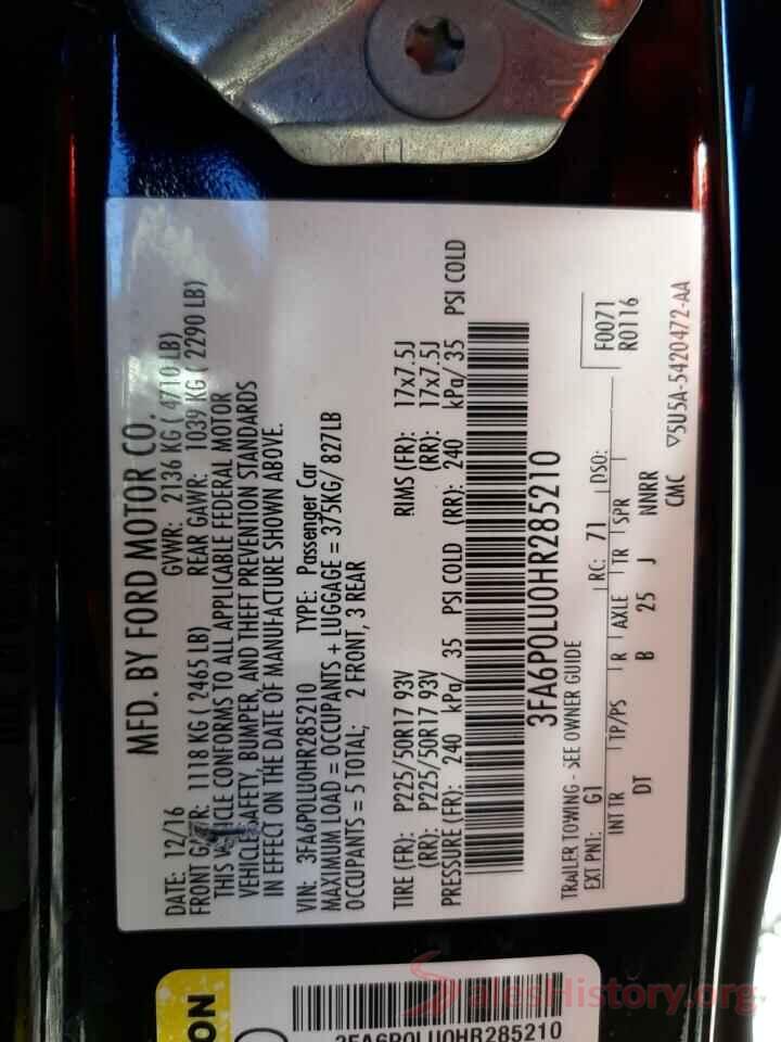 3FA6P0LU0HR285210 2017 FORD FUSION