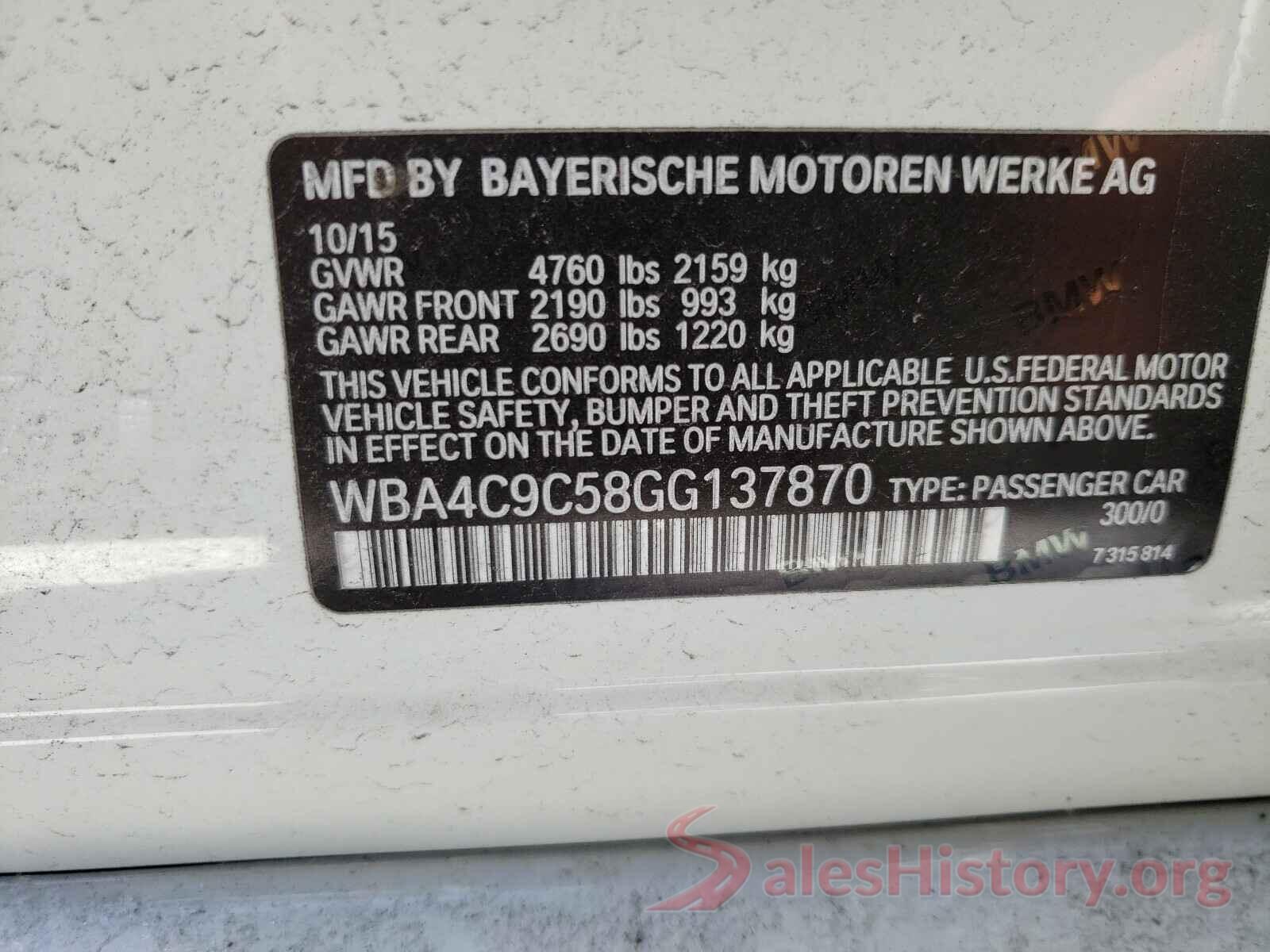 WBA4C9C58GG137870 2016 BMW 4 SERIES