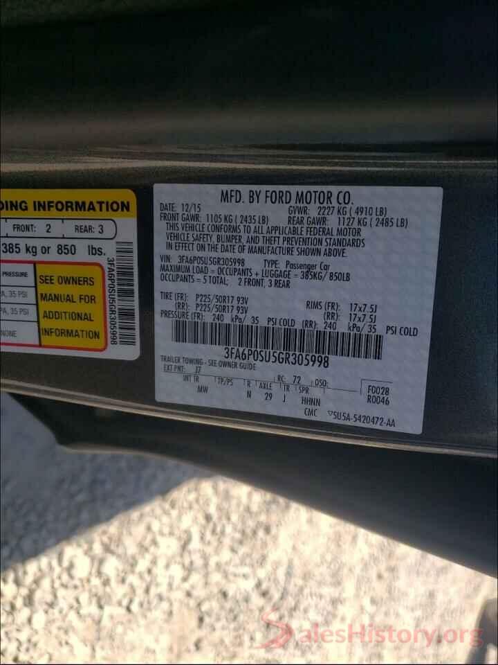 3FA6P0SU5GR305998 2016 FORD FUSION