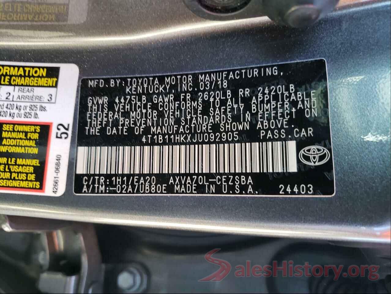 4T1B11HKXJU092905 2018 TOYOTA CAMRY