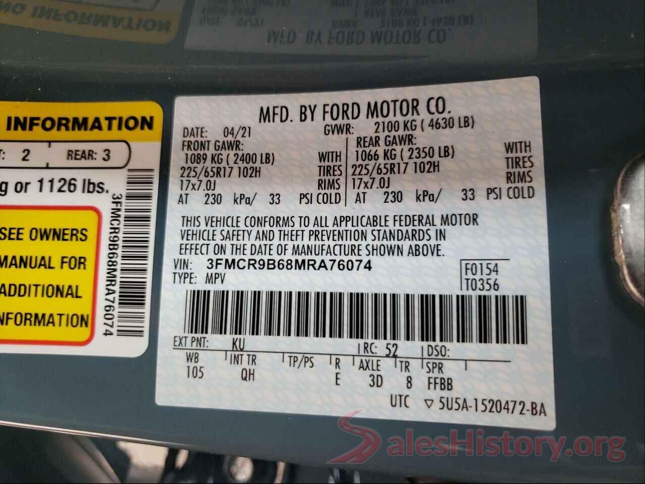 3FMCR9B68MRA76074 2021 FORD BRONCO