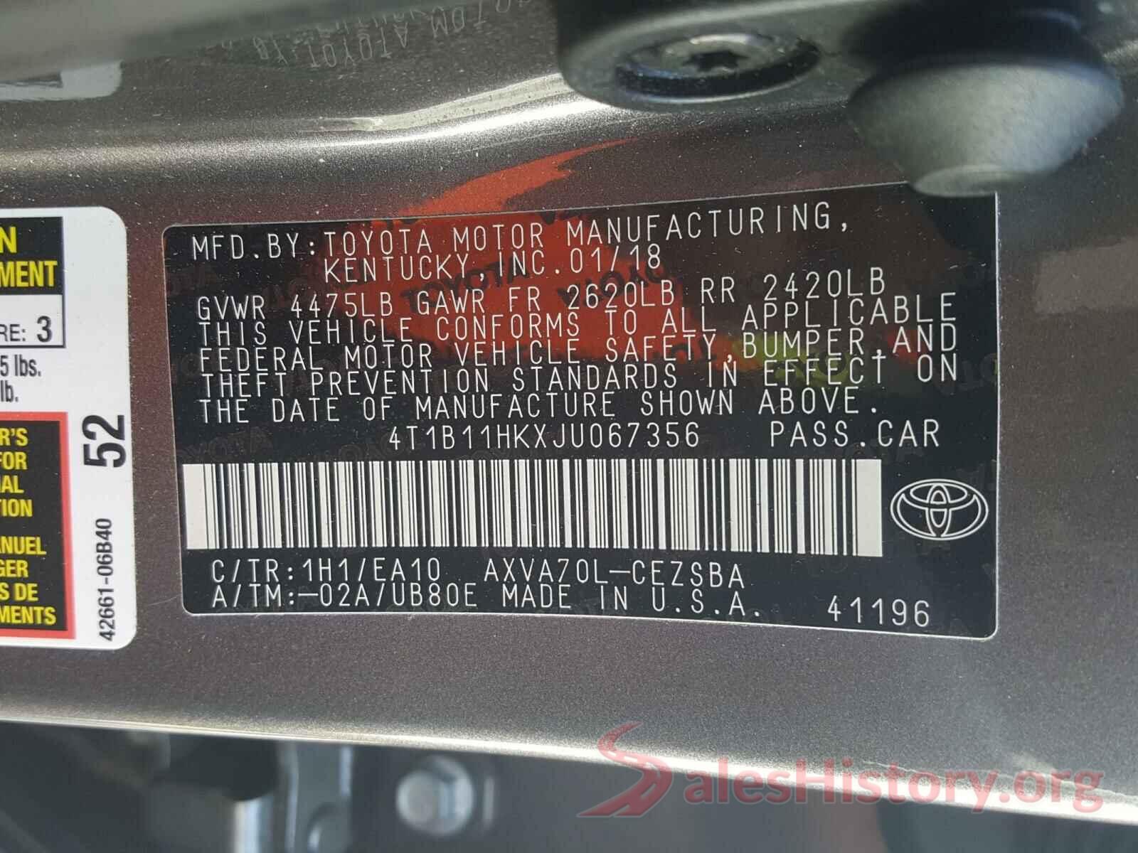 4T1B11HKXJU067356 2018 TOYOTA CAMRY