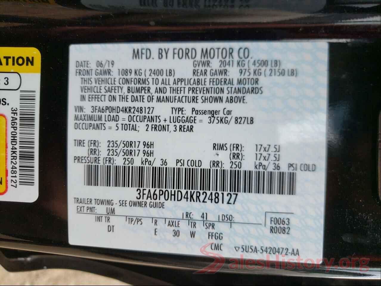 3FA6P0HD4KR248127 2019 FORD FUSION